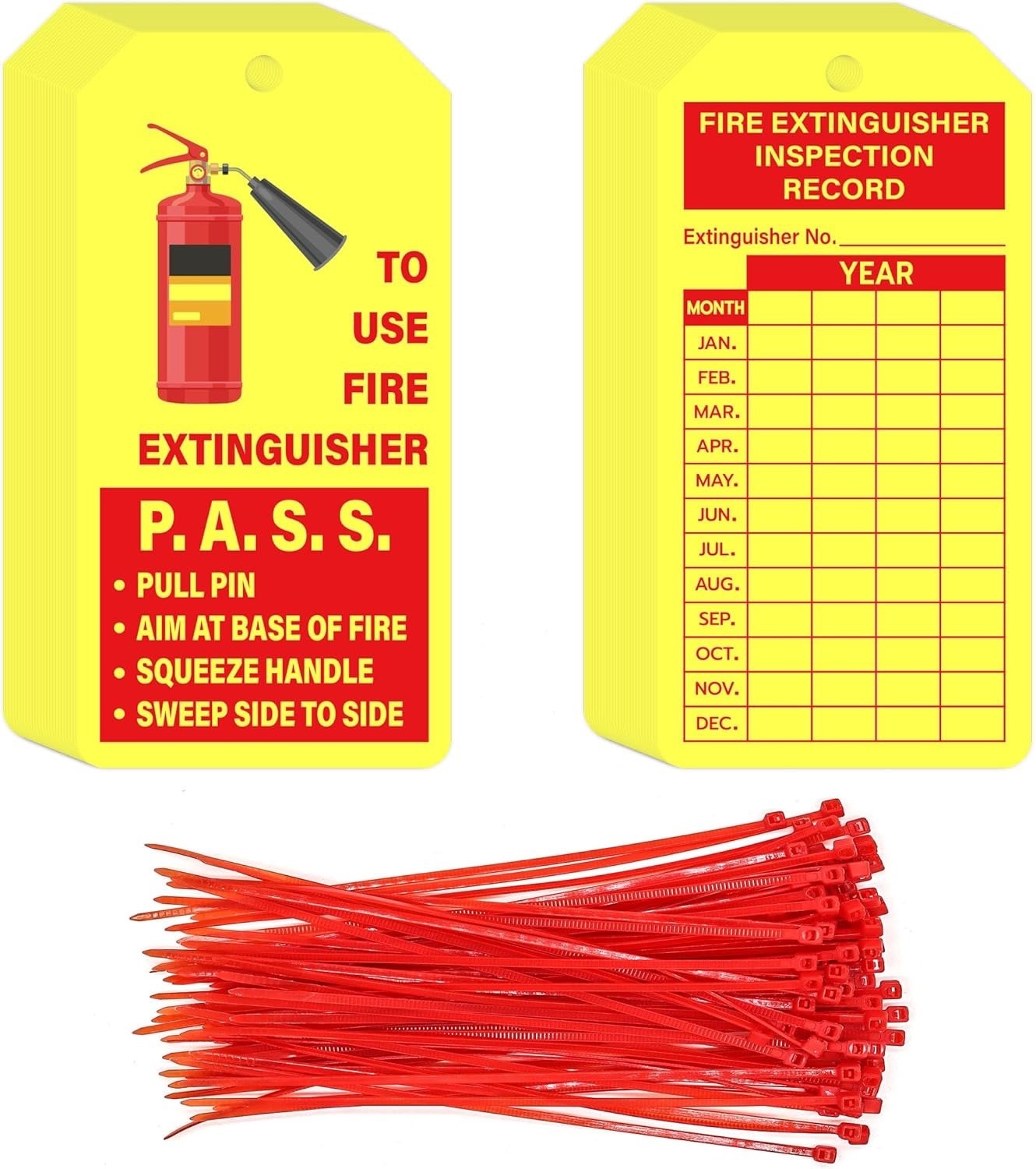 🧯25-4″x 2″YELLOW Fire Extinguisher Inspection Tags H.D.-Double Sided W/ZIP-TIES
