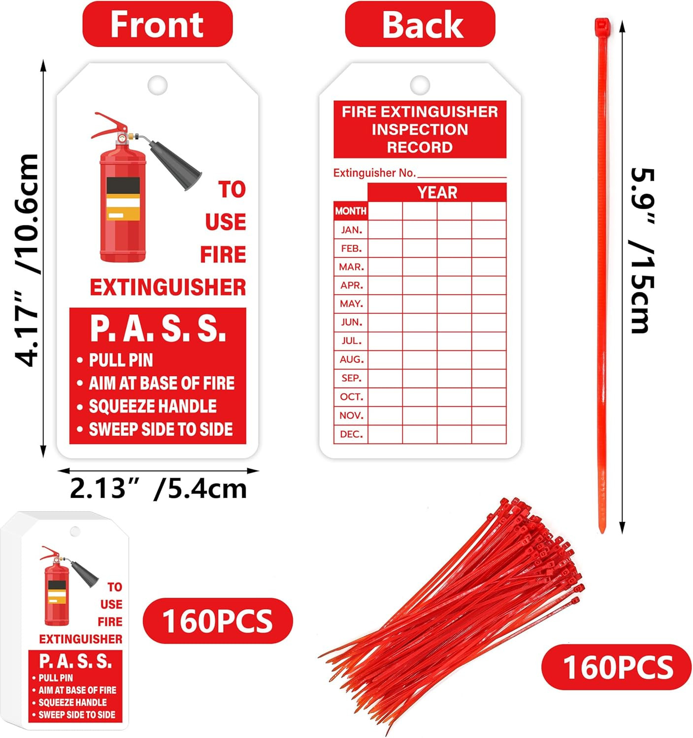 160 Sets Fire Extinguisher Tags with Adjustable Wire Ties Monthly Inspection Rec