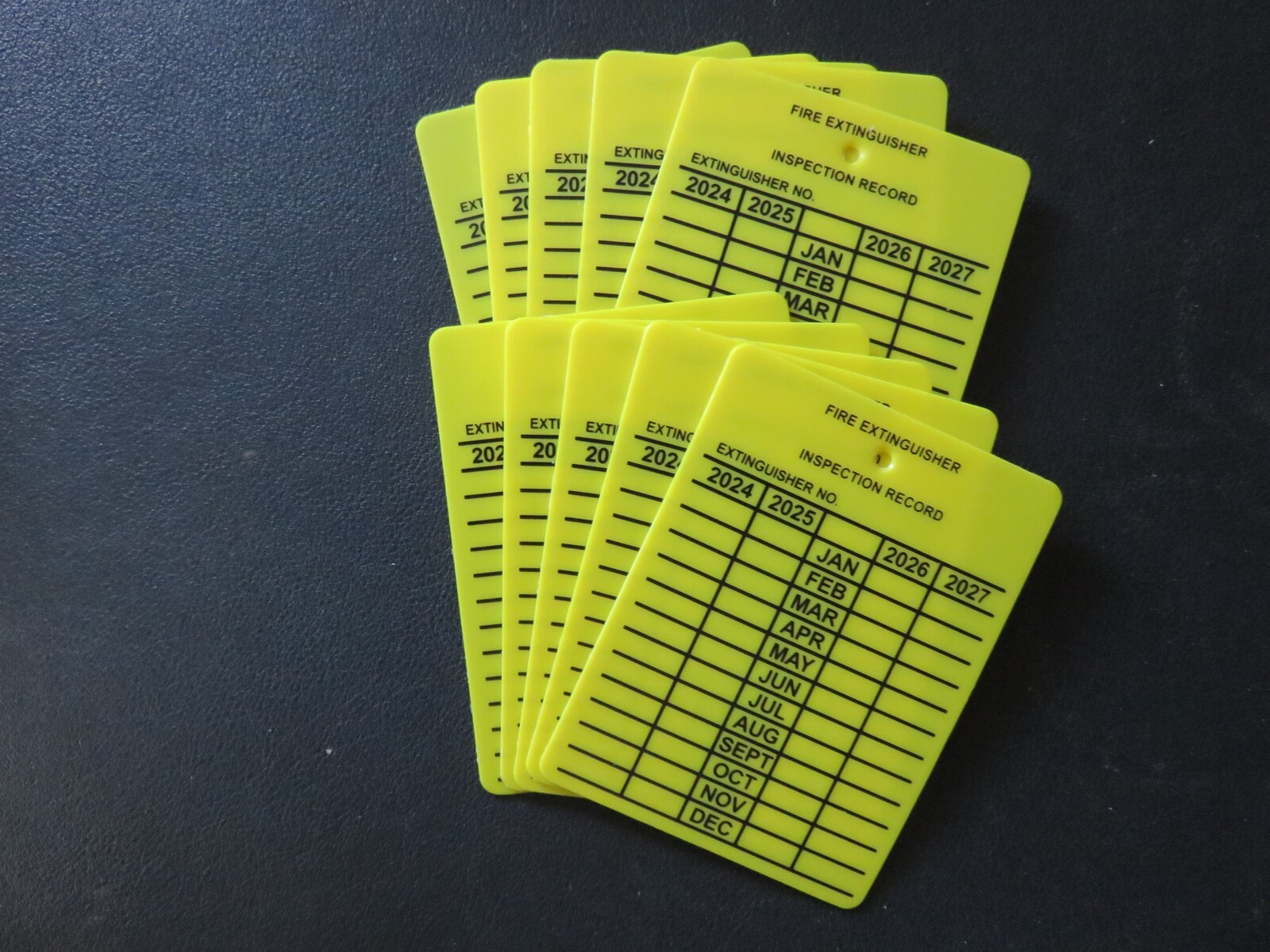 (100) PLASTIC FIRE EXTINGUISHER 4-YEAR INSPECTION TAGS..2024-25-26-2027..NEW