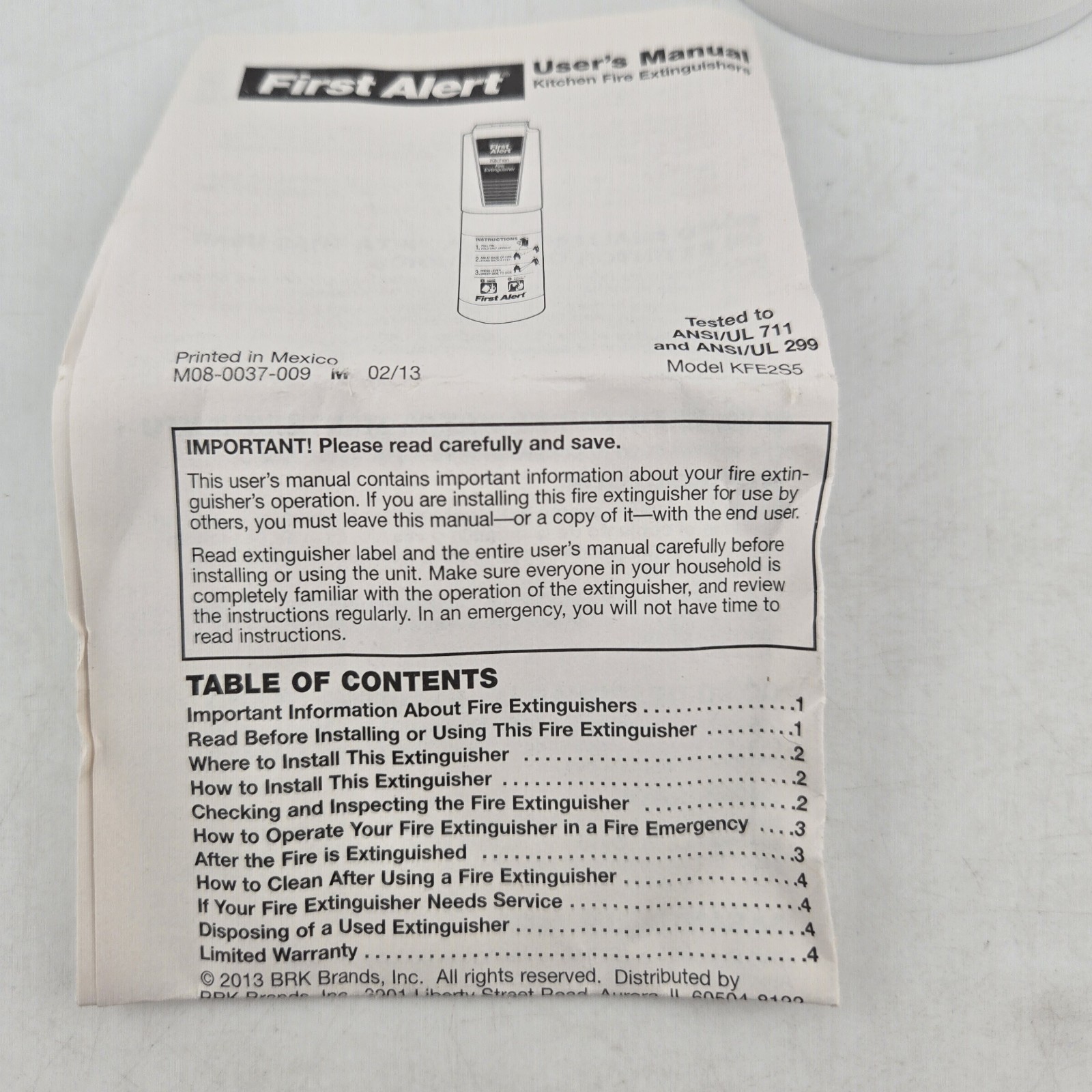 First Alert Kitchen Fire Extinguisher KFE2S5 UL Rated 5-B:C White 1 Pack NEW