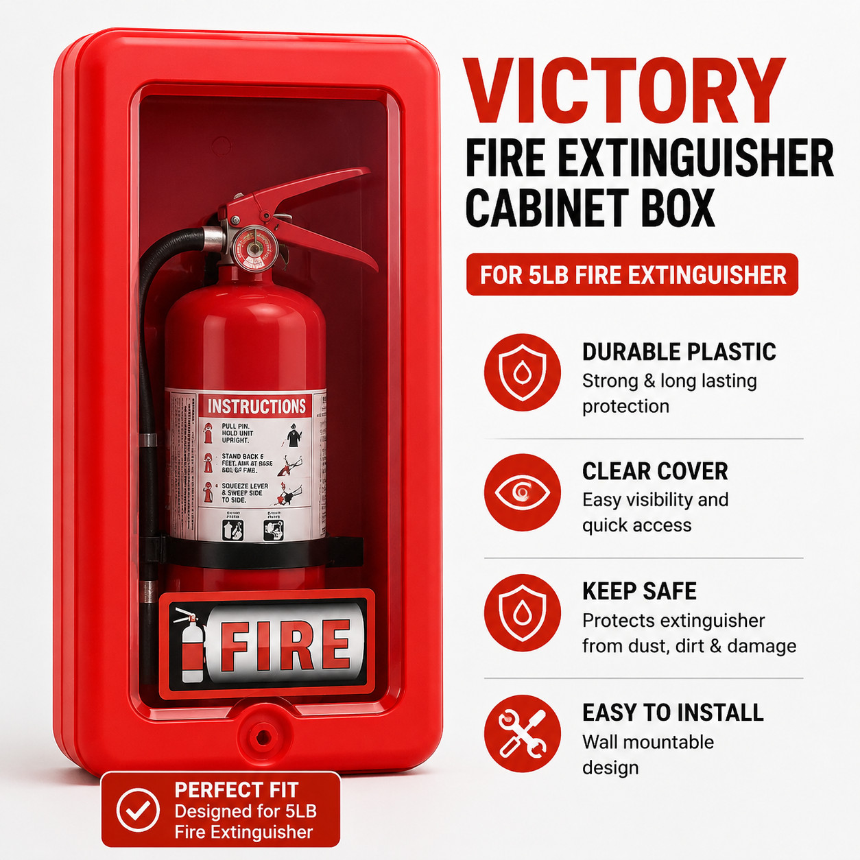 Victory Fire Extinguisher Cabinet Box Red Plastic Cover Case for 5LB FE
