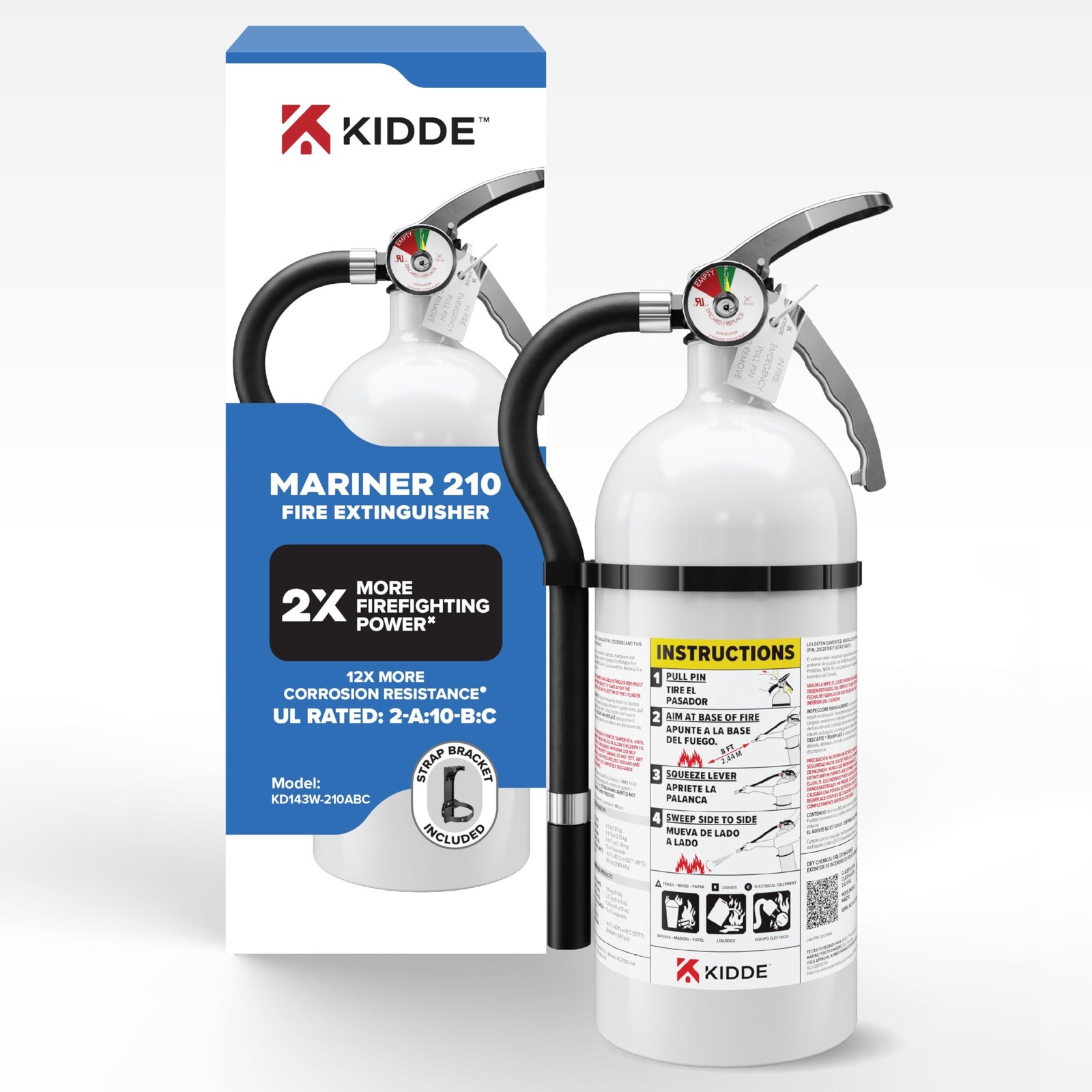 Kidde Marine Fire Extinguisher 2-A:10-B:C Single Use Boat Safety Home White