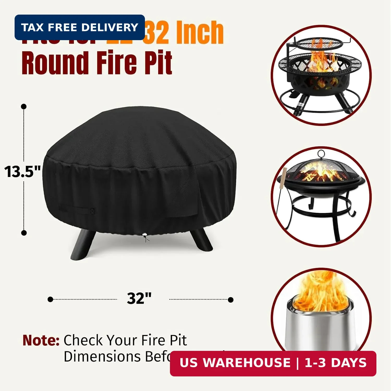 SHINESTAR Round Fire Pit Cover for 22-32 Inch Fire Pit – Waterproof and Windproo