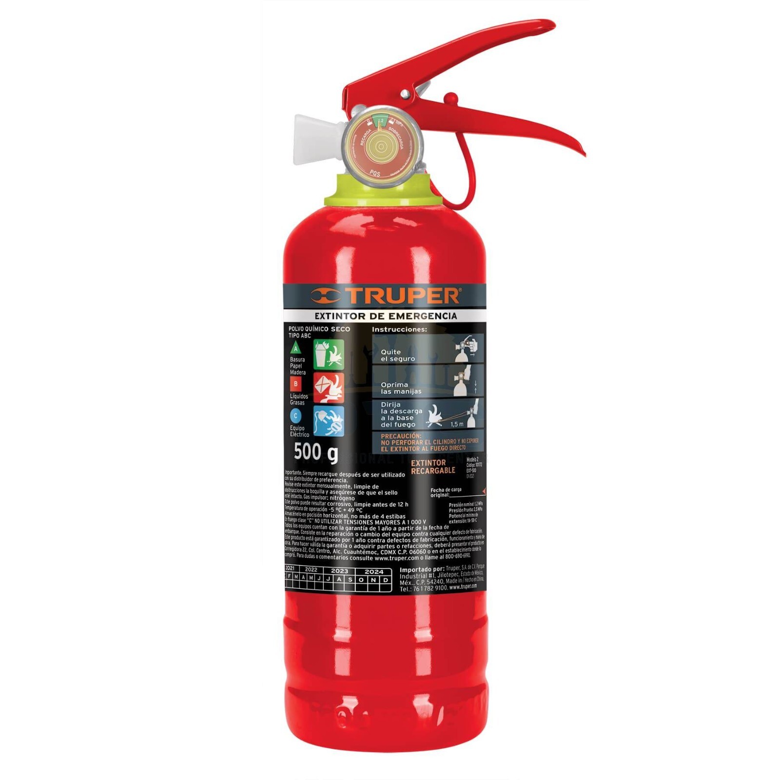 Truper EXT-500 Rechargeable portable fire extinguisher 0.5 kg, ABC type powder