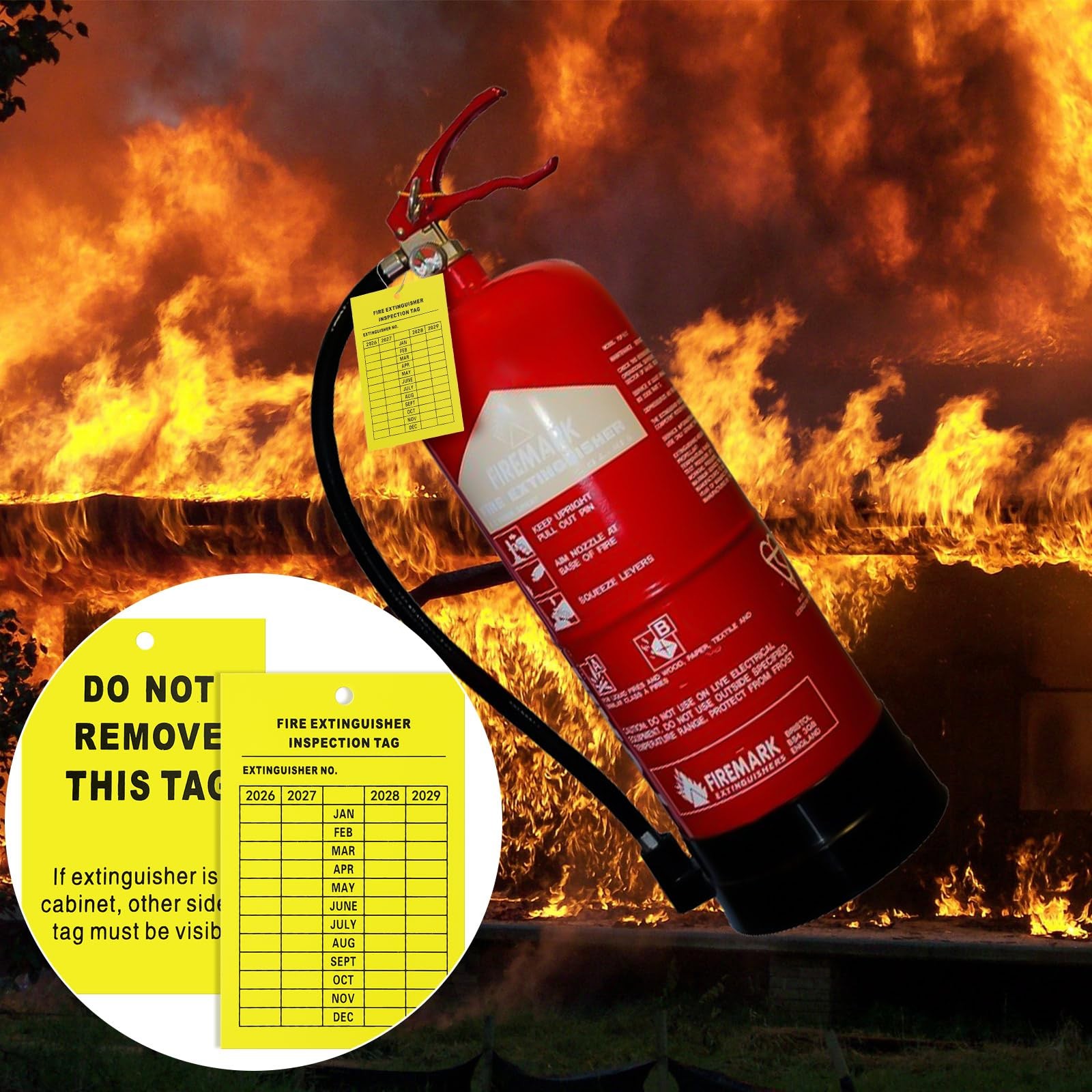 Monthly Fire Extinguisher Inspection Tags Record 4-Year 3.26 x 5 inch, Yellow