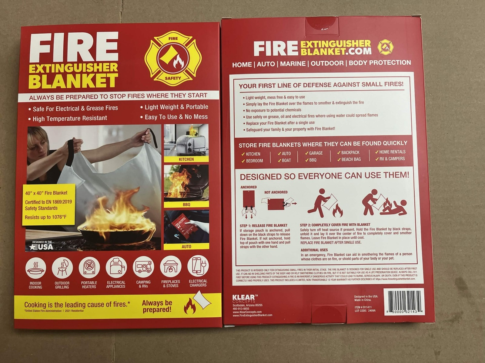 Klear Concepts Fire Blanket 2 Pack 40 x 40 Emergency Fire Suppression Kitchen