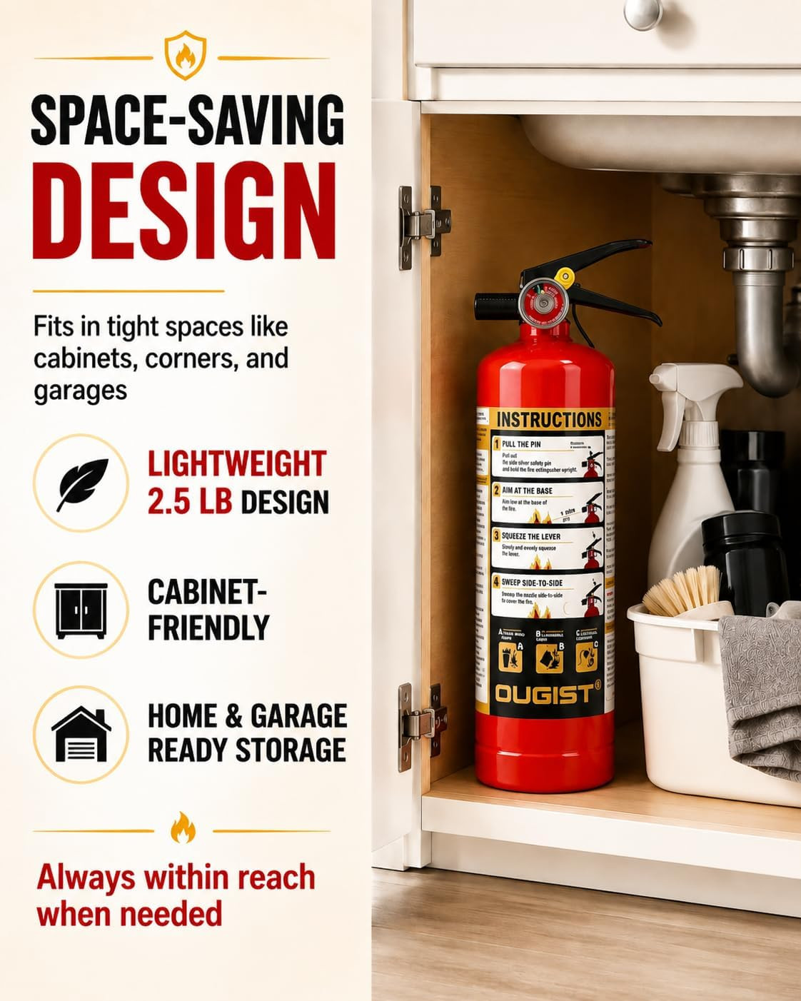 Ougist Essential Fire Extinguisher for Home, 1-A:10-B:C, DRY1L, 1 Pack | Residen
