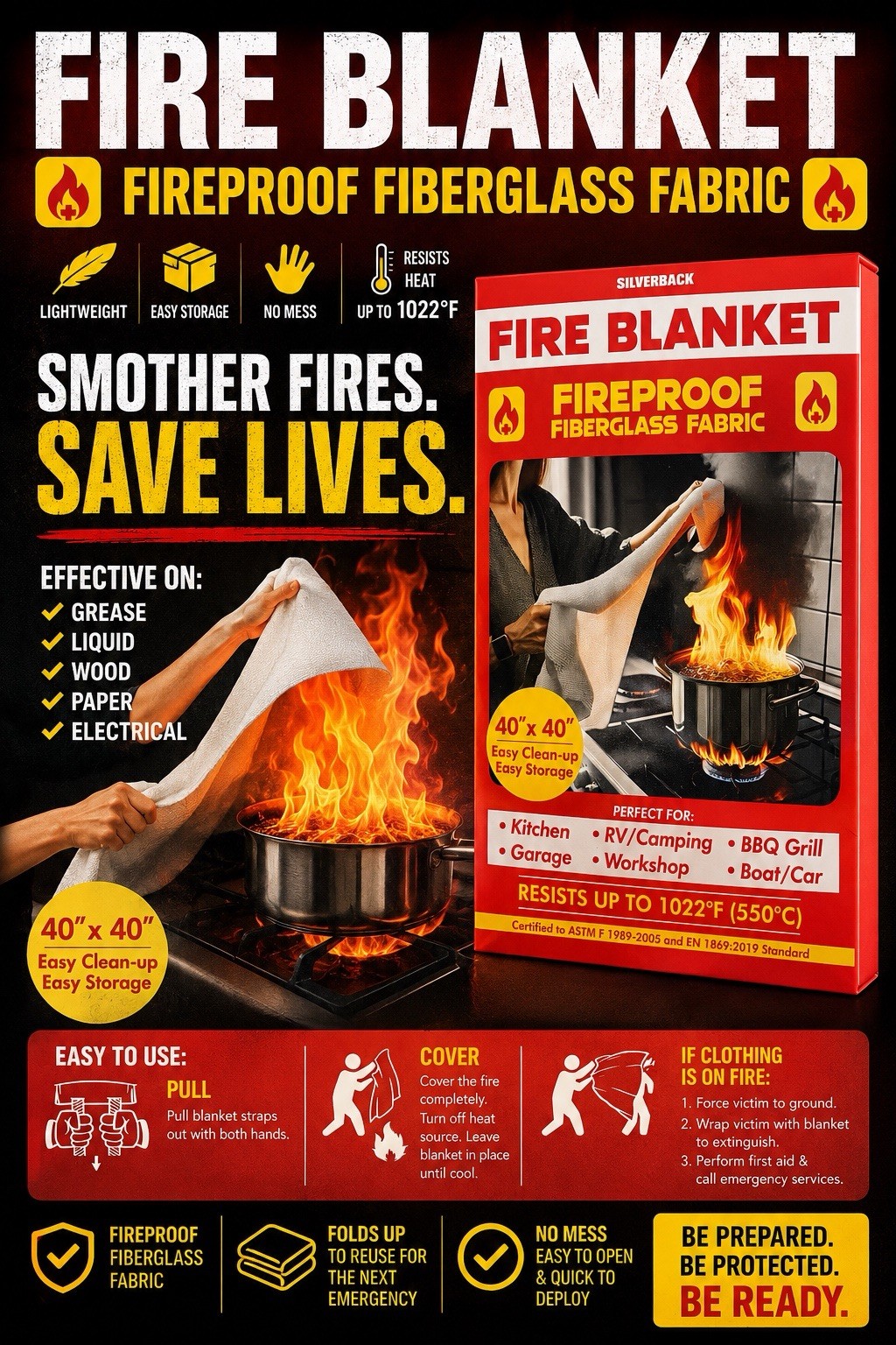 Silverback 40″ X 40″ Fireproof Fiberglass Fire Blanket (3 Blankets $25 + S&H)