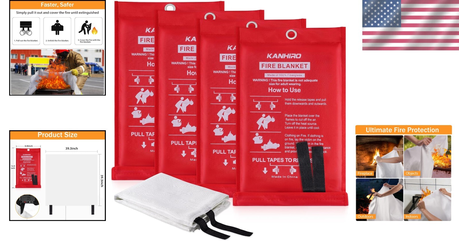 Lightweight Fire Suppression Blanket – 4 Pack, 39″ x 39″ Waterproof Fiberglass