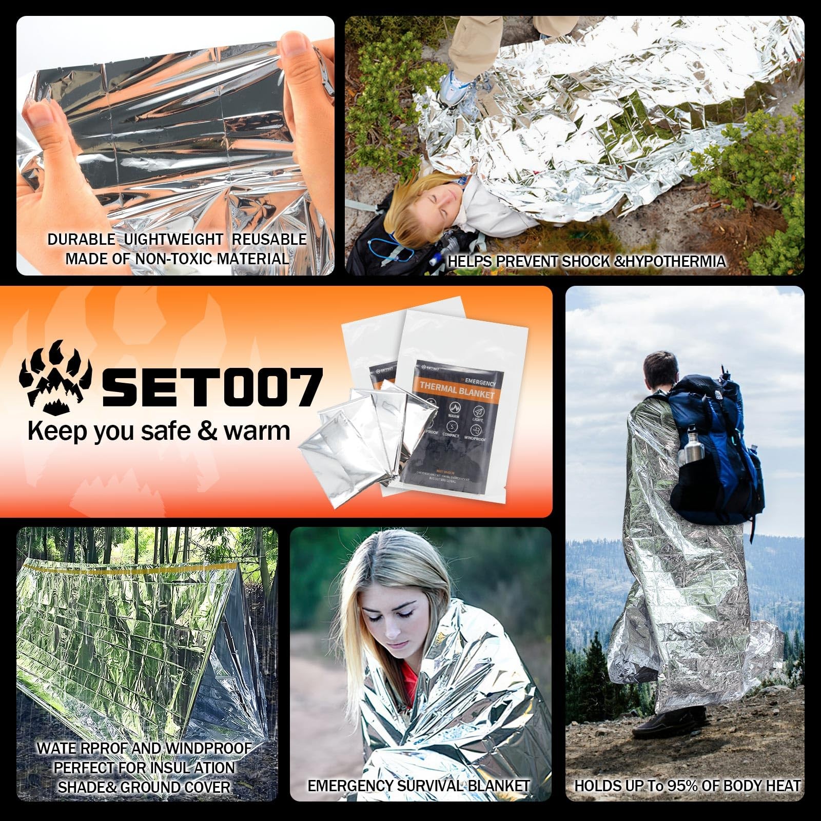 5Pack Emergency Mylar Thermal Blankets, 82″x62″ Space Blankets Foil Blanket, …