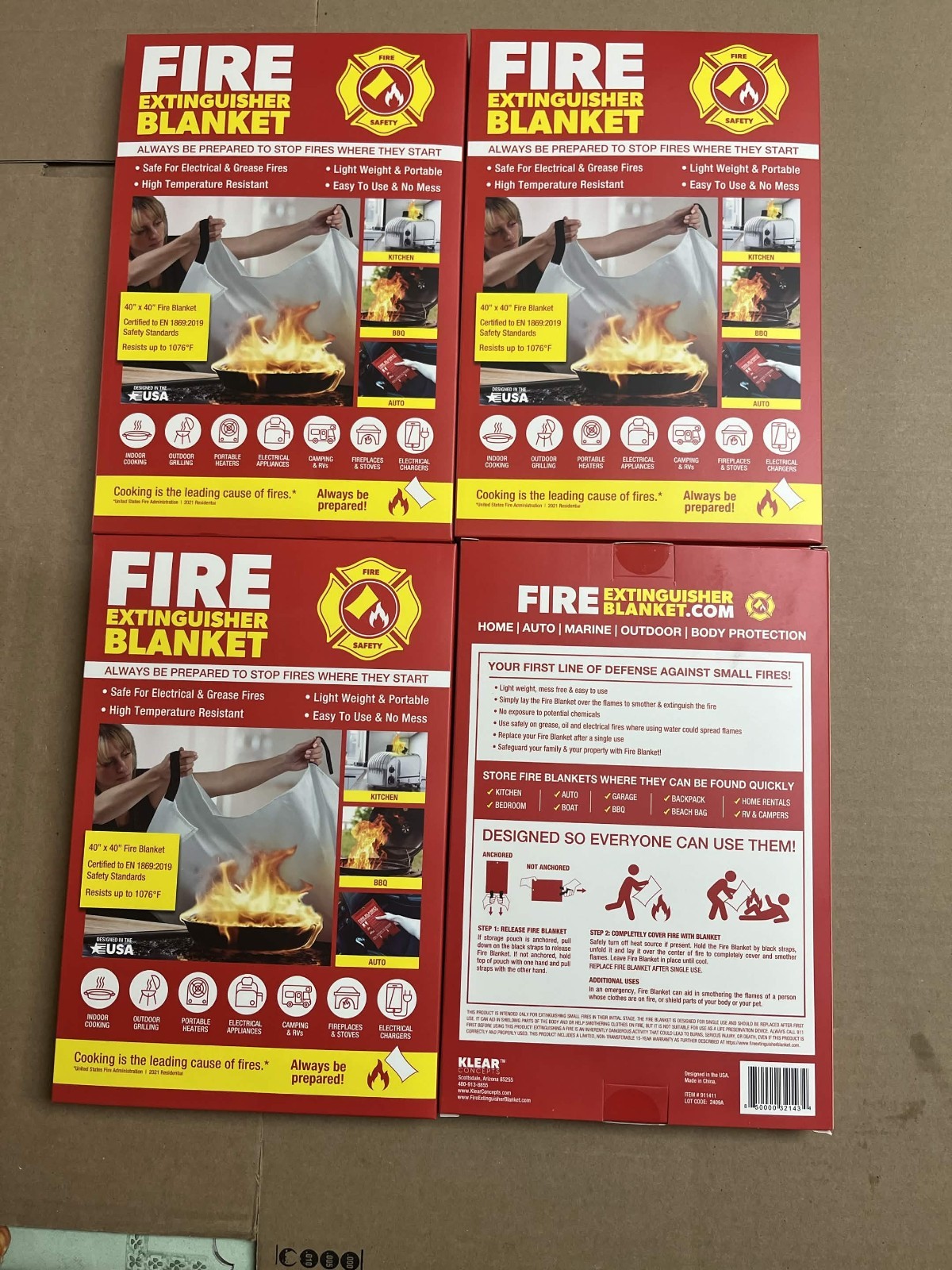 Klear Concepts Fire Blanket 4 Pack 40 x 40 Emergency Fire Suppression Kitchen