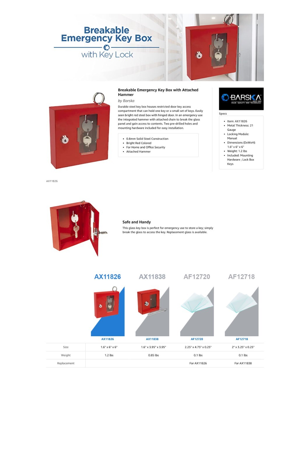 BARSKA Emergency Key Box w/ Attached Hammer and Key in Red, AX11826