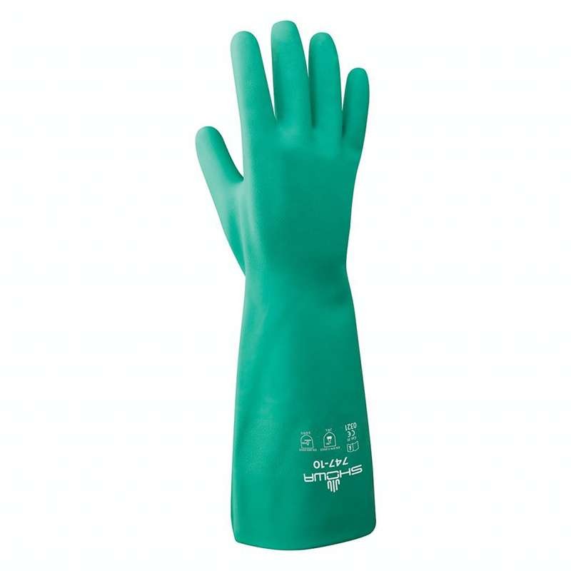SHOWA 747-11 Chemical Resistant Gloves 19″ 22 Mil Nitrile Green Unlined