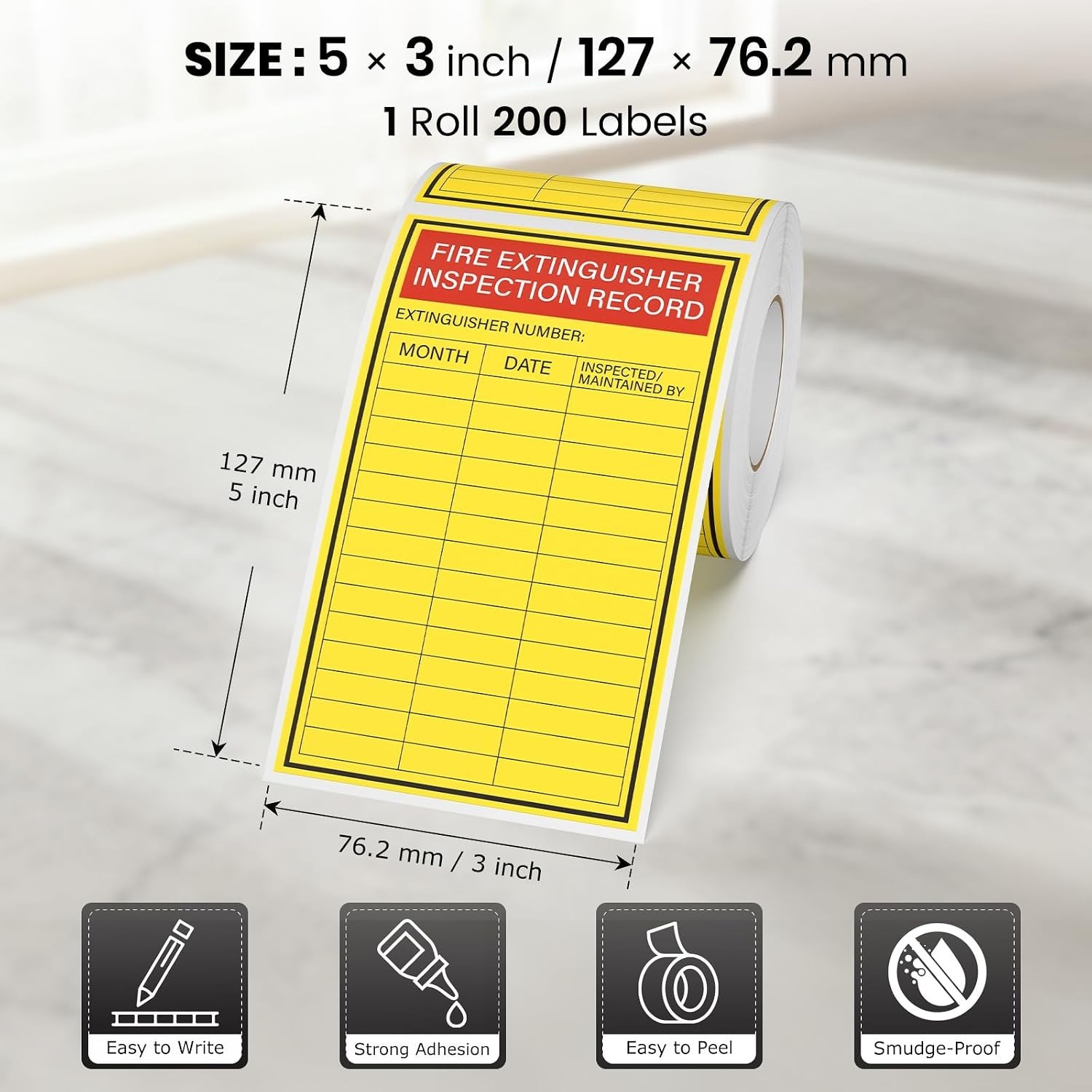 Fire Extinguisher Inspection Labels, 200 Pc, 5″ x 3″, Red Yellow, Matte