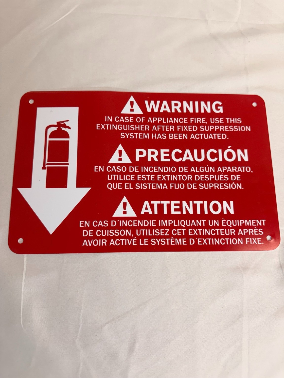 Metal Fire Extinguisher Warning Sign Restaurant Kitchen Suppression System Red
