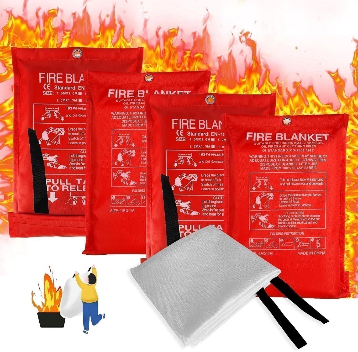 4 PACK FIRE BLANKET Fiberglass Hero 39”x39” Emergency Home Retardant Prepared