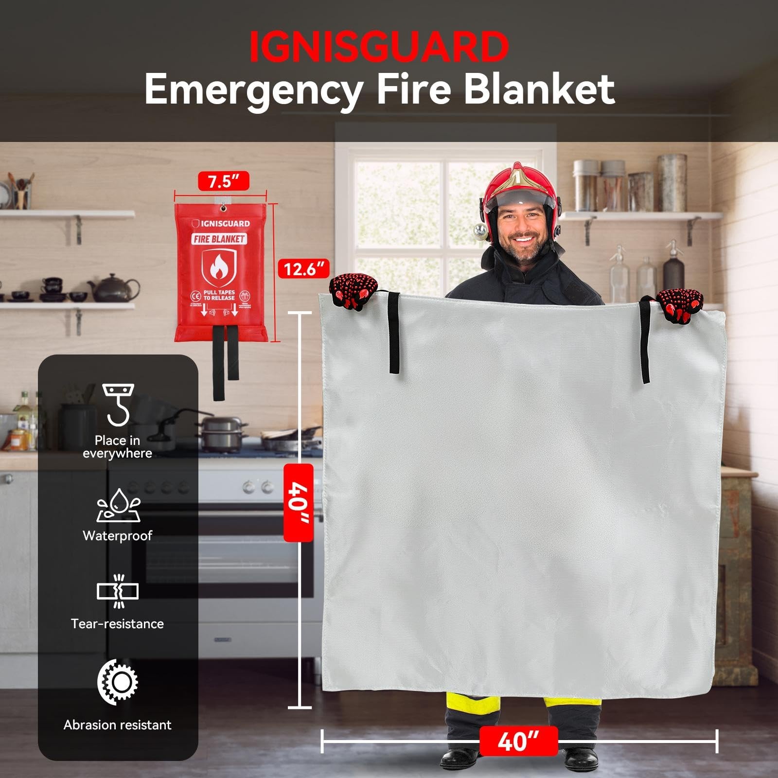 Fire Blankets 4 Pack, 40x40in with 1 Pair Fire Resistant Gloves & 4 Hooks, Fi…