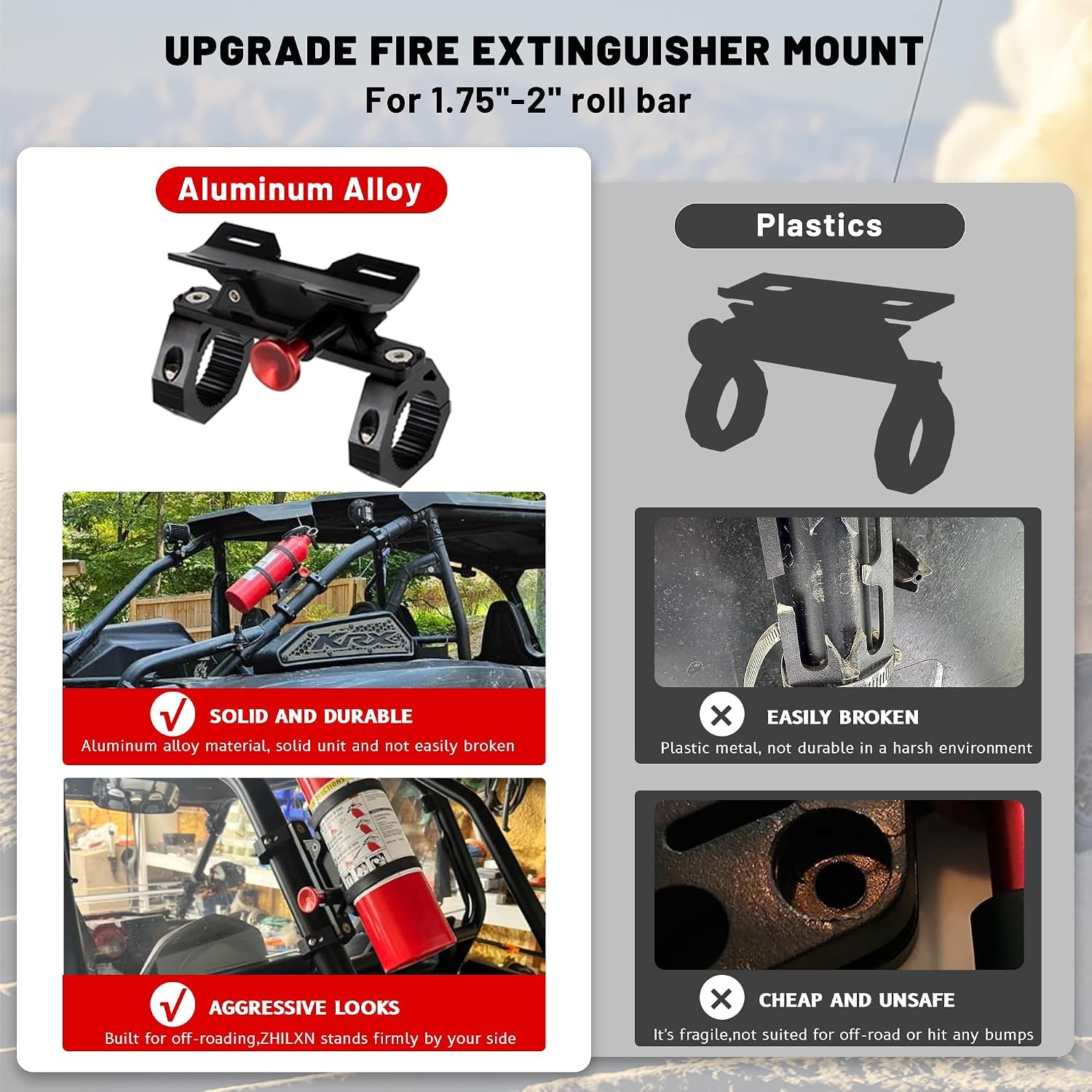 UTV Fire Extinguisher Mount Kit – Aluminum Adjustable Quick Release Roll Bar Car