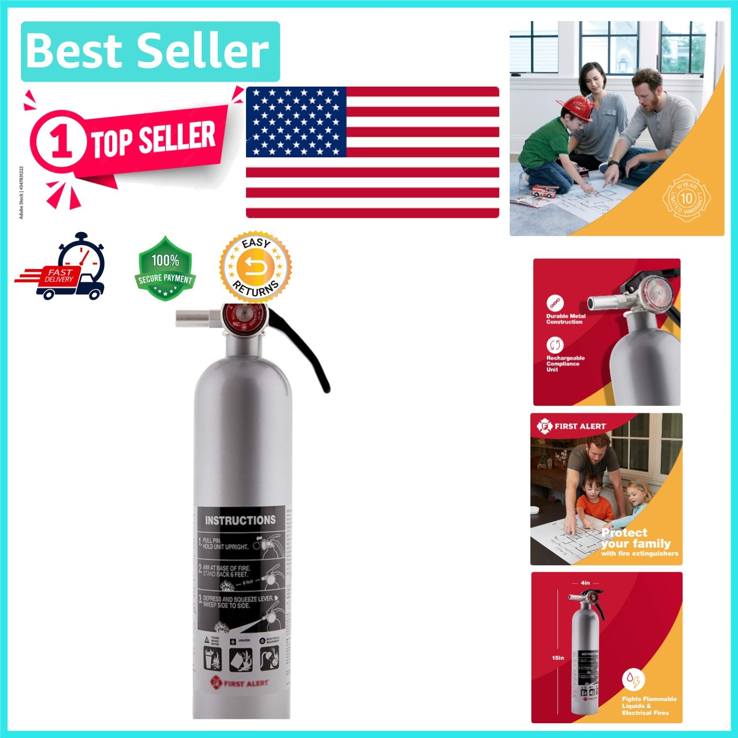 Stylish Pewter Fire Extinguisher, Rated 1-A:10-B:C, Rechargeable Safety Tool