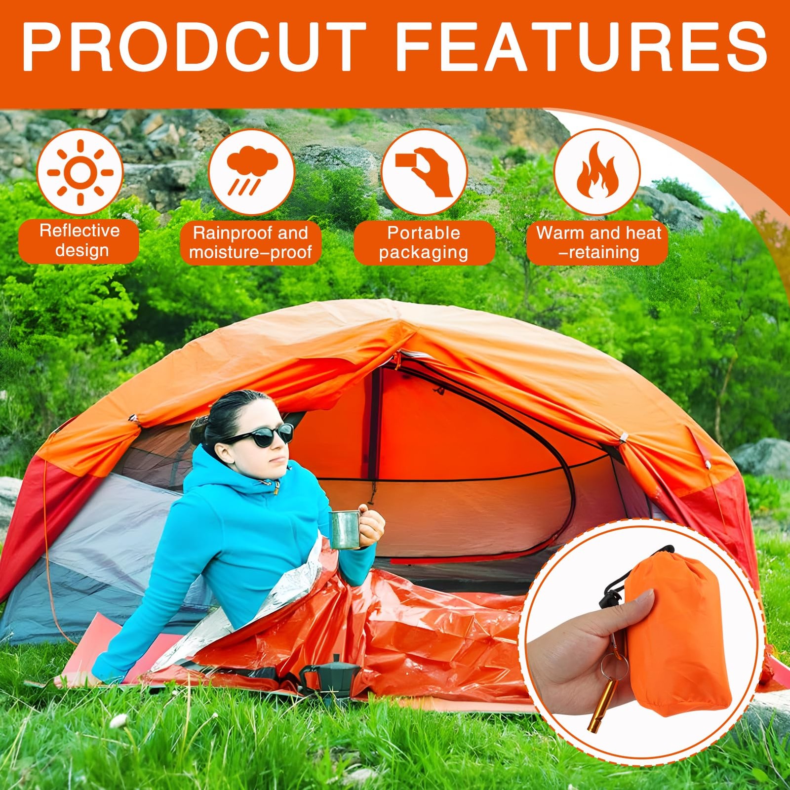Emergency Sleeping Bags for Survival with Carabiner, 84″X36″ Outdoor PE Orang…