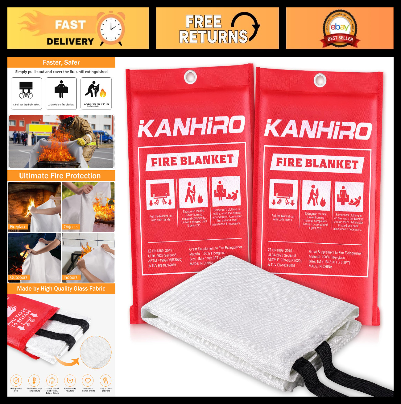 Emergency Fire Suppression Blanket – Fiberglass Safety Cover for Home, Kitchen,