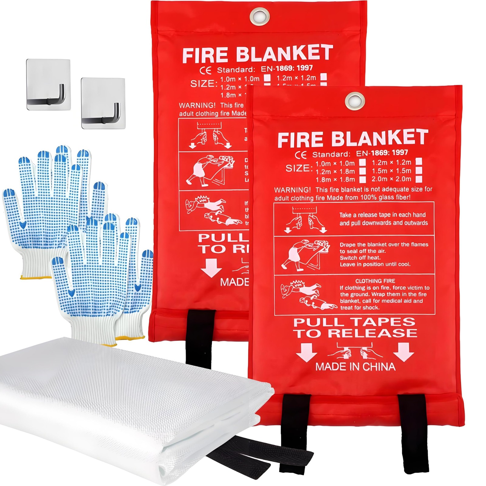 Fire Blanket 40×40 inches Fiberglass w/Gloves Hooks Whistle – Fireproof Safet…