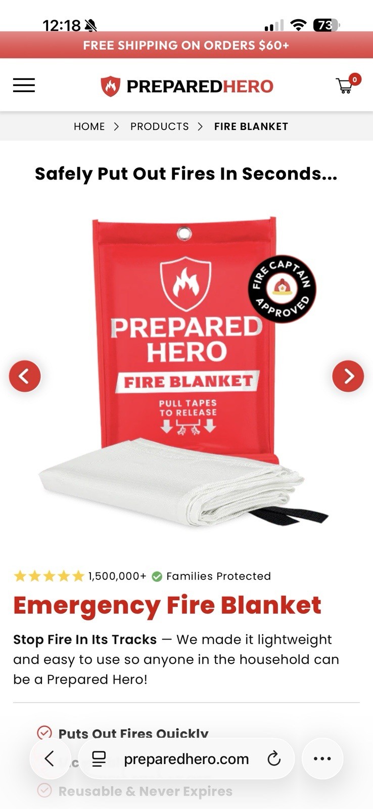 Prepared Hero Emergency Fire Blanket 1 Pack 39×39 In With easy Pull Tapes