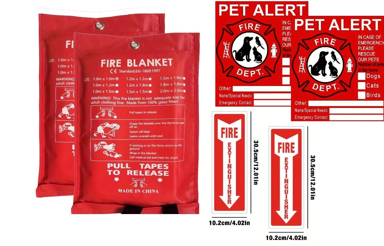 FIRE PREVENTION BUNDLE Fiberglass Fire Blanket Pet Alert & Extinquisher Stickers