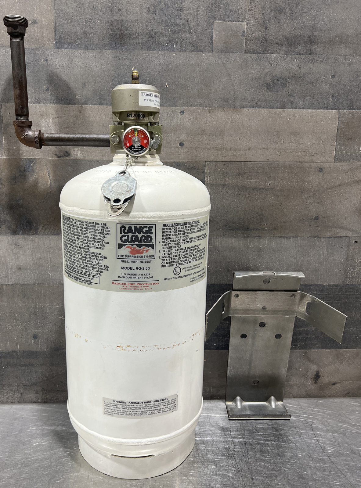 Badger Fire Protection Range Guard Wet Chemical Cylinder Model RG-2.5G. Used