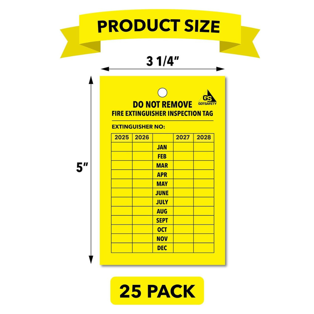 4 Year Fire Extinguisher Inspection Tags [25 Pack], UV/Waterproof, Durable