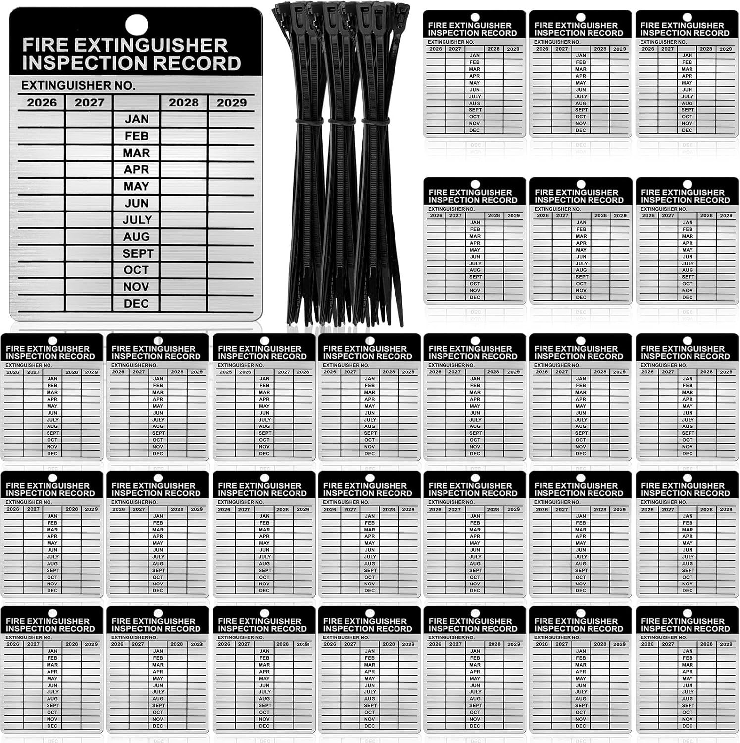 50 Set Aluminum Fire Extinguisher Tags 2026-2029 Metal Inspection Tags – 2.3 X 3