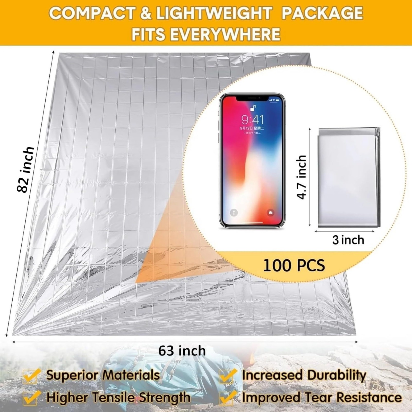 Emergency Survival Blanket, Mylar Thermal Blanket, Gigantic Space Blanket 82″…