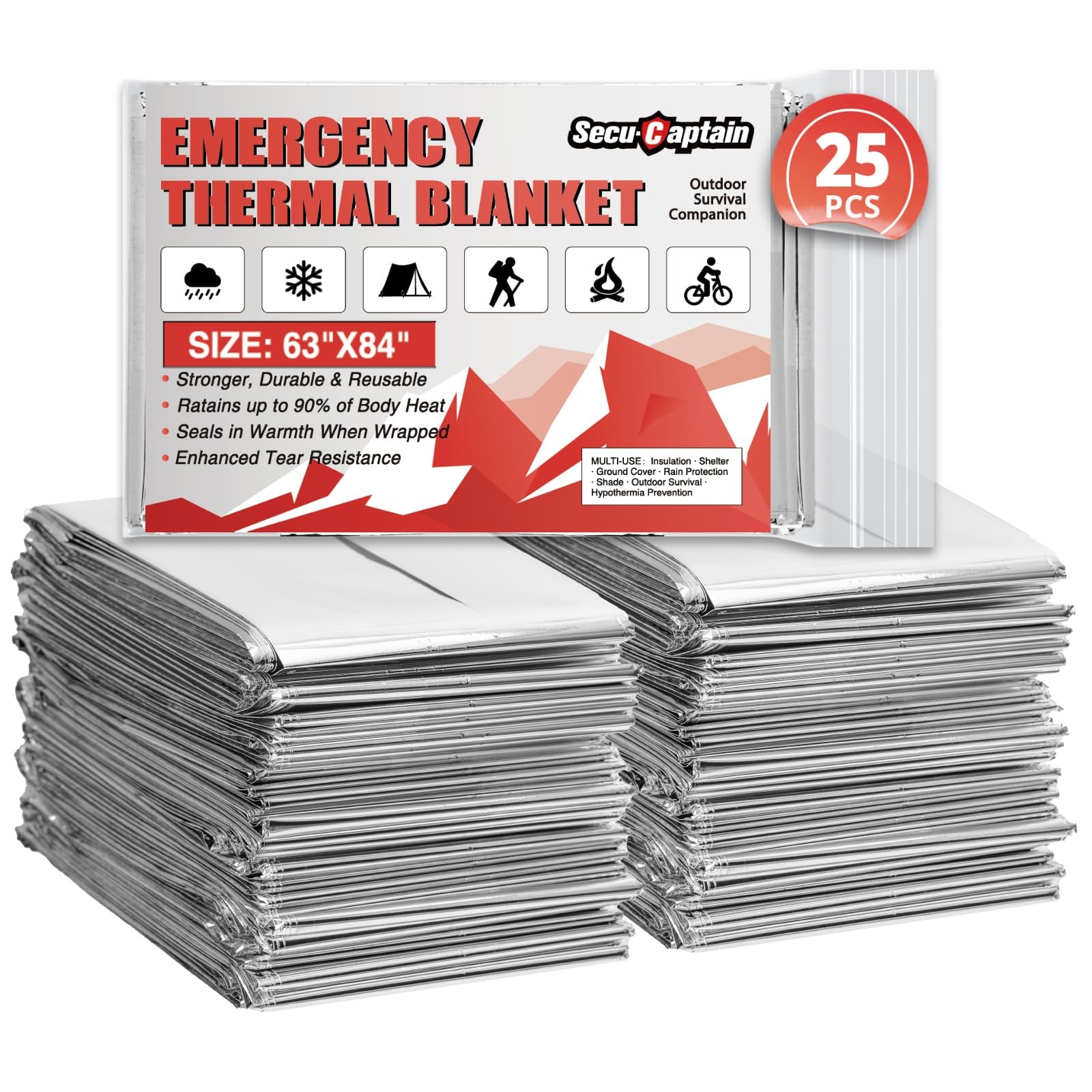 Emergency Thermal Blankets 25 Pack Extra Large 84×63 Mylar Space Survival Kit Ou