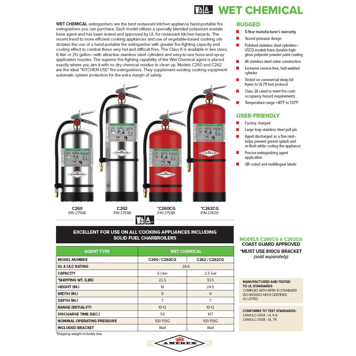 Amerex C262 2.5 lbs Class K Fire Extinguisher for Kitchen Use with Wall Bracket