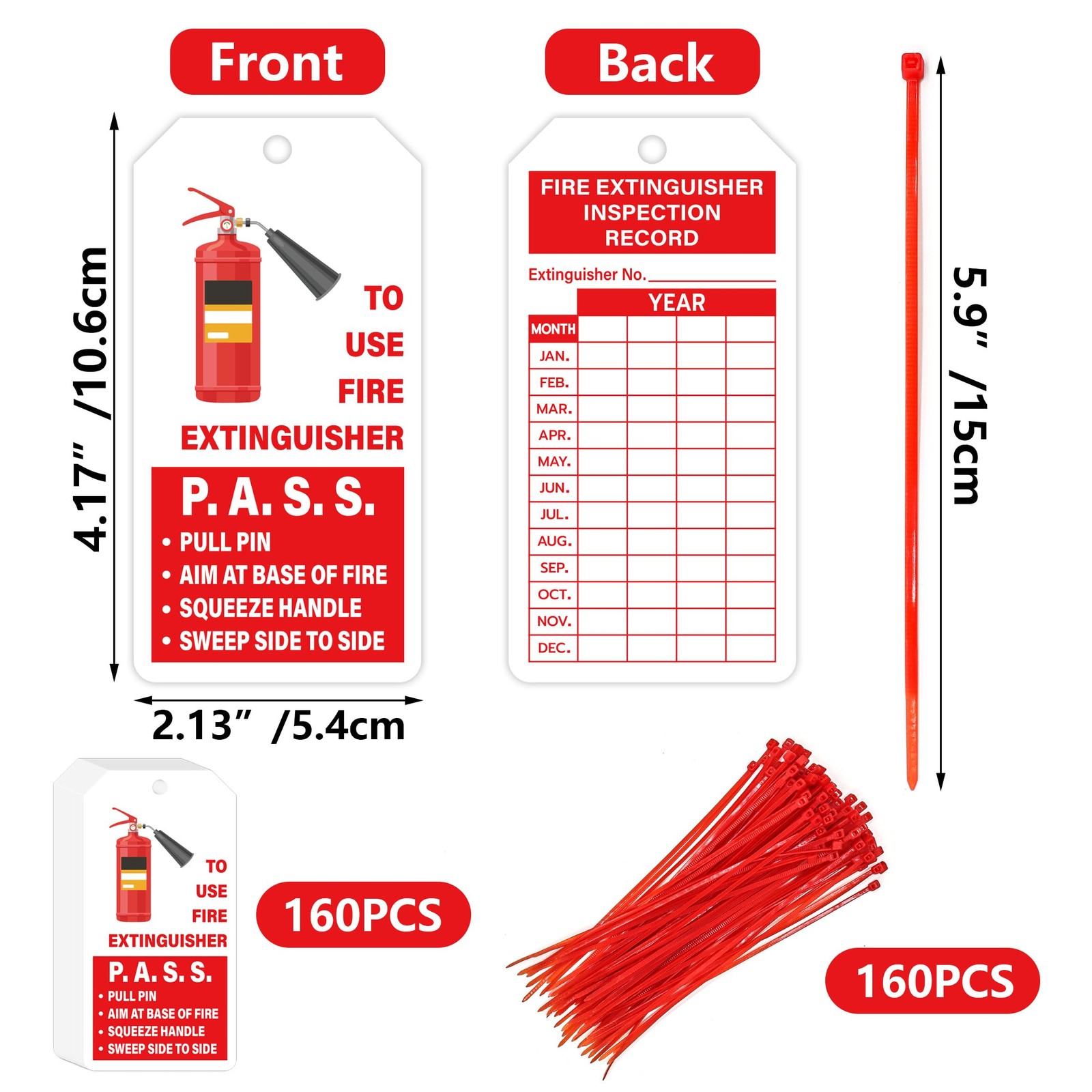 160 Sets Fire Extinguisher Tags with Adjustable Wire Ties Monthly Inspection Rec
