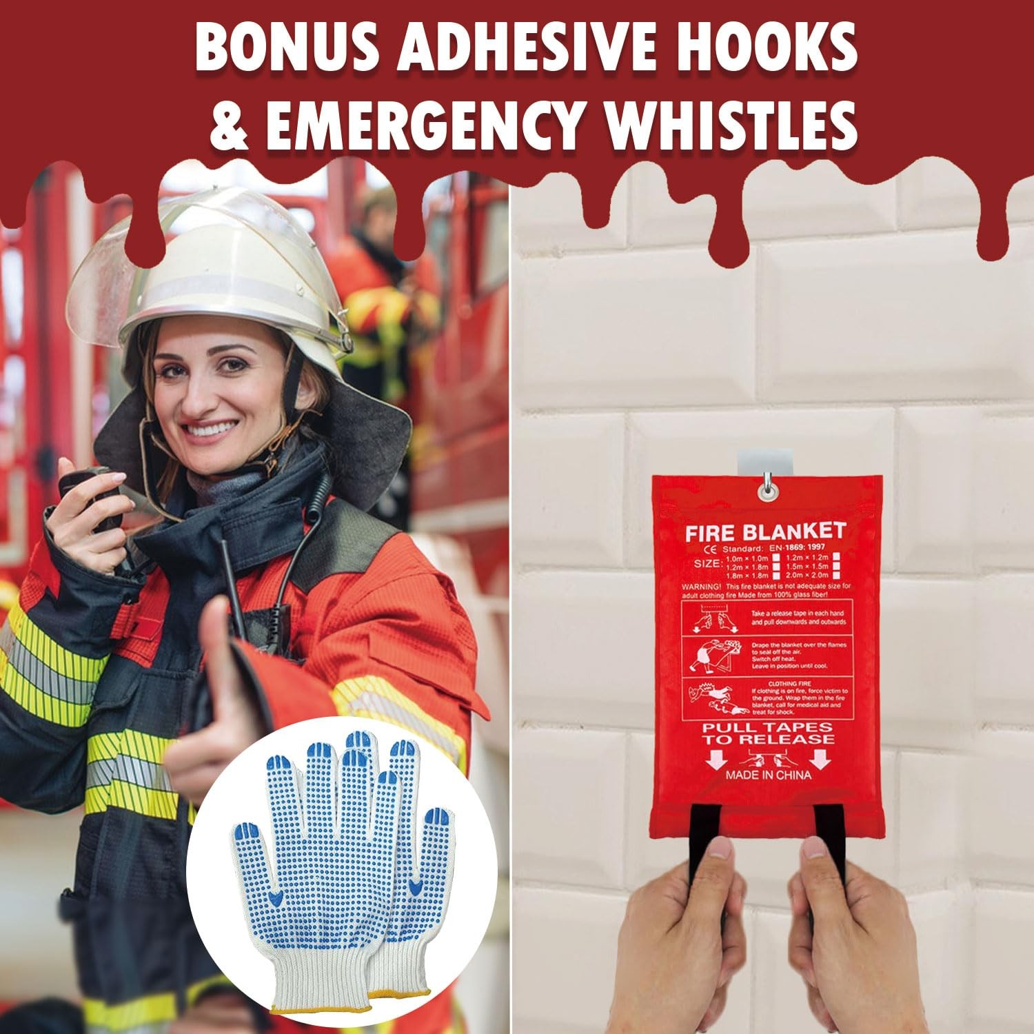 Fire Blanket 40×40 inches Fiberglass w/Gloves Hooks Whistle – Fireproof Safet…
