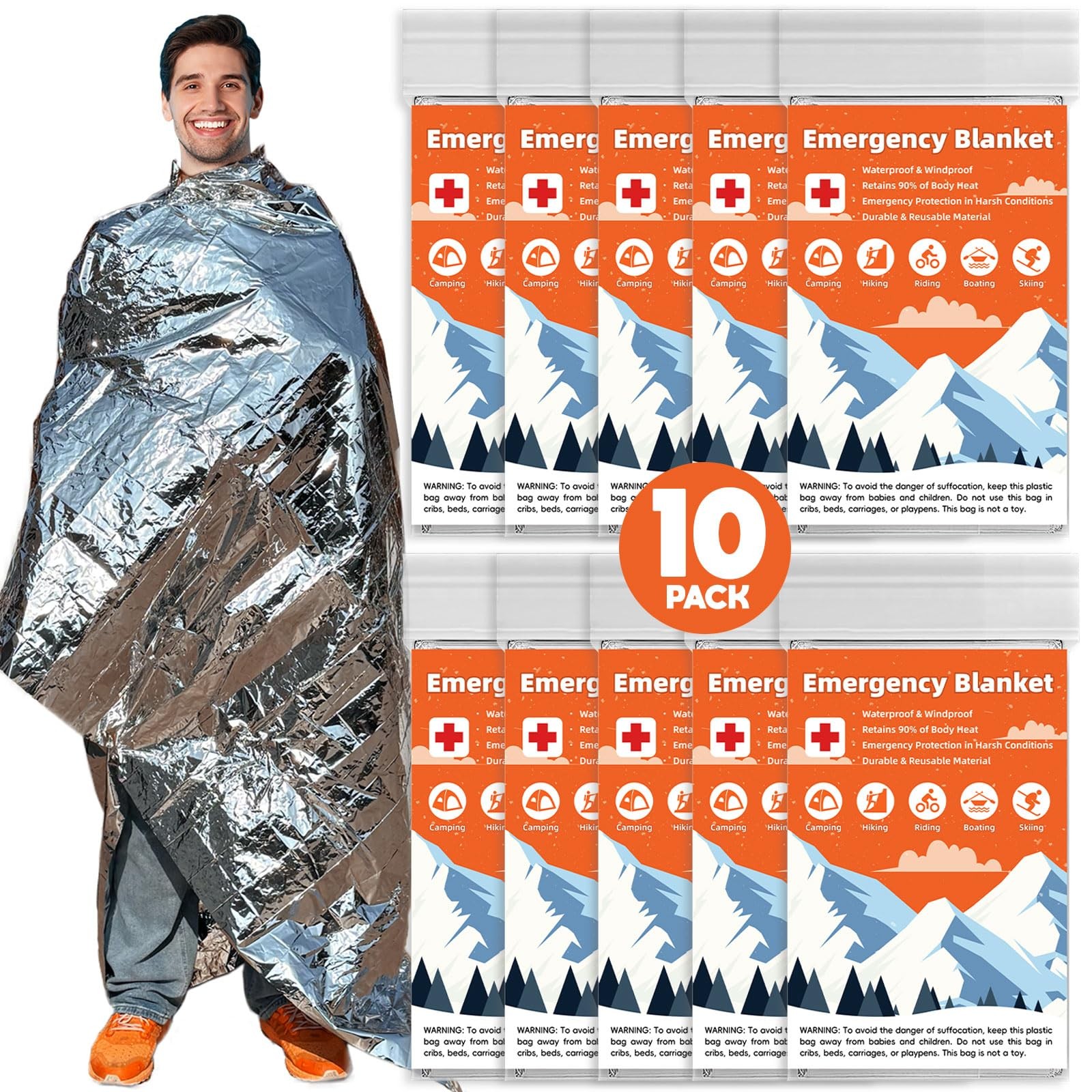 Emergency Thermal Blanket 10 Pack Survival Mylar Foil Body Warmer 84 x 52