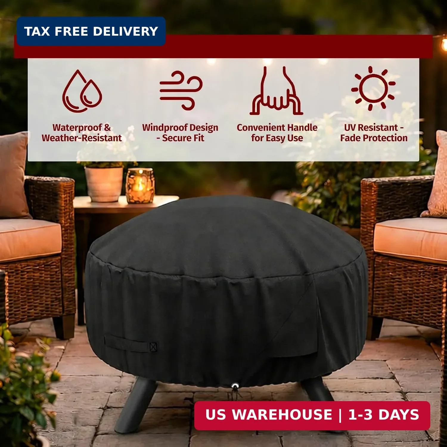 SHINESTAR Round Fire Pit Cover for 22-32 Inch Fire Pit – Waterproof and Windproo