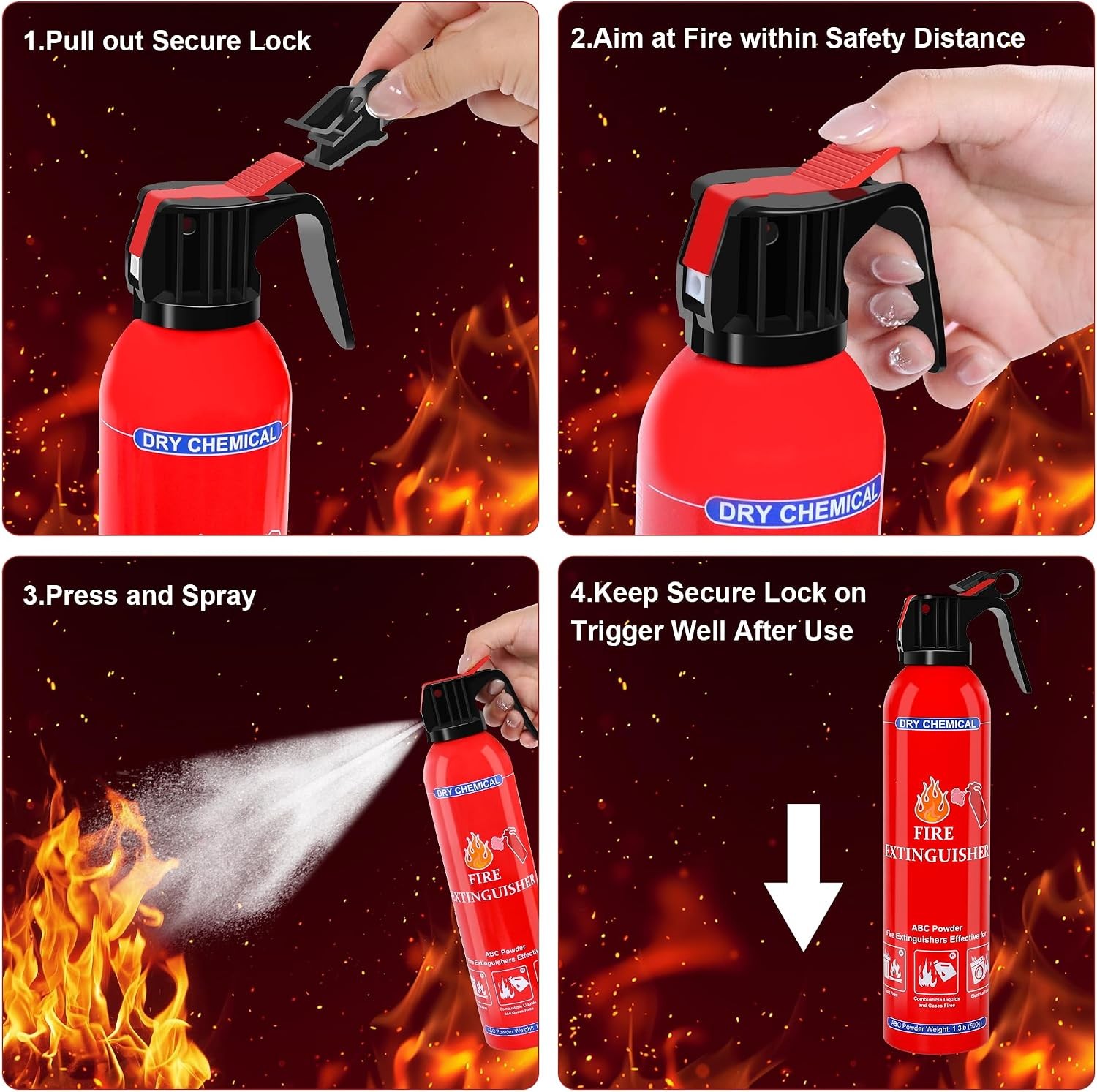 Pack ABC Dry Chemical Fire Extinguishers, Portable Dry Powder Fast-Acting Fire E