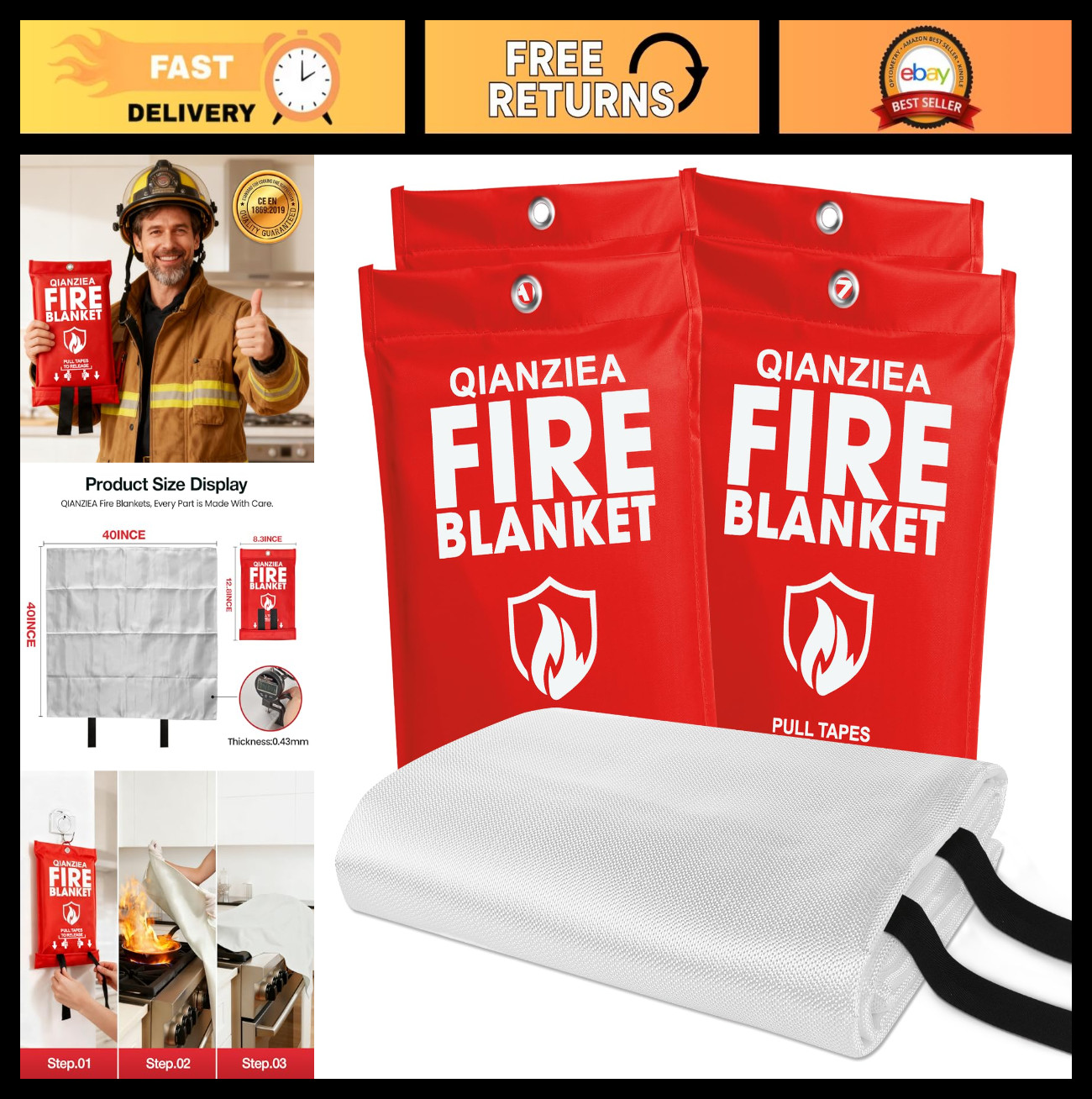 Emergency Fire Blanket 4 Pack – 40″x40″ Safety Blankets for Home & Kitchen