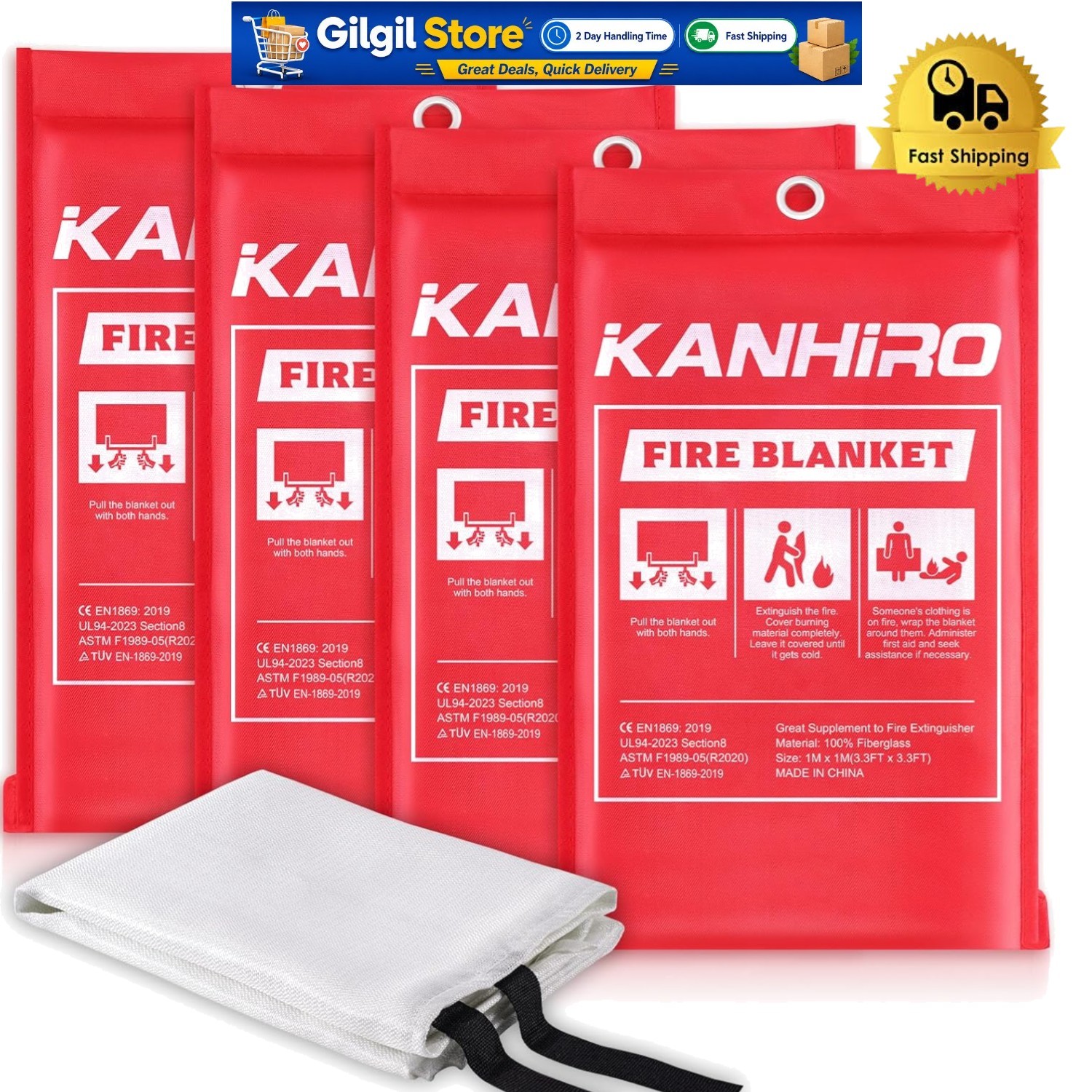 Compact 39.3” Fire Suppression Blankets – 4-Pack for Home & Vehicle Safety