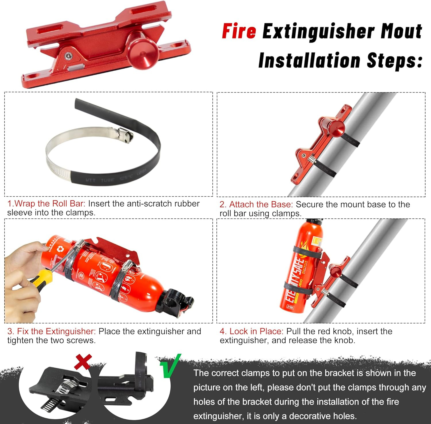 Quick Release Fire Extinguisher Mount – Aluminum Adjustable UTV Roll Bar Fire Ex