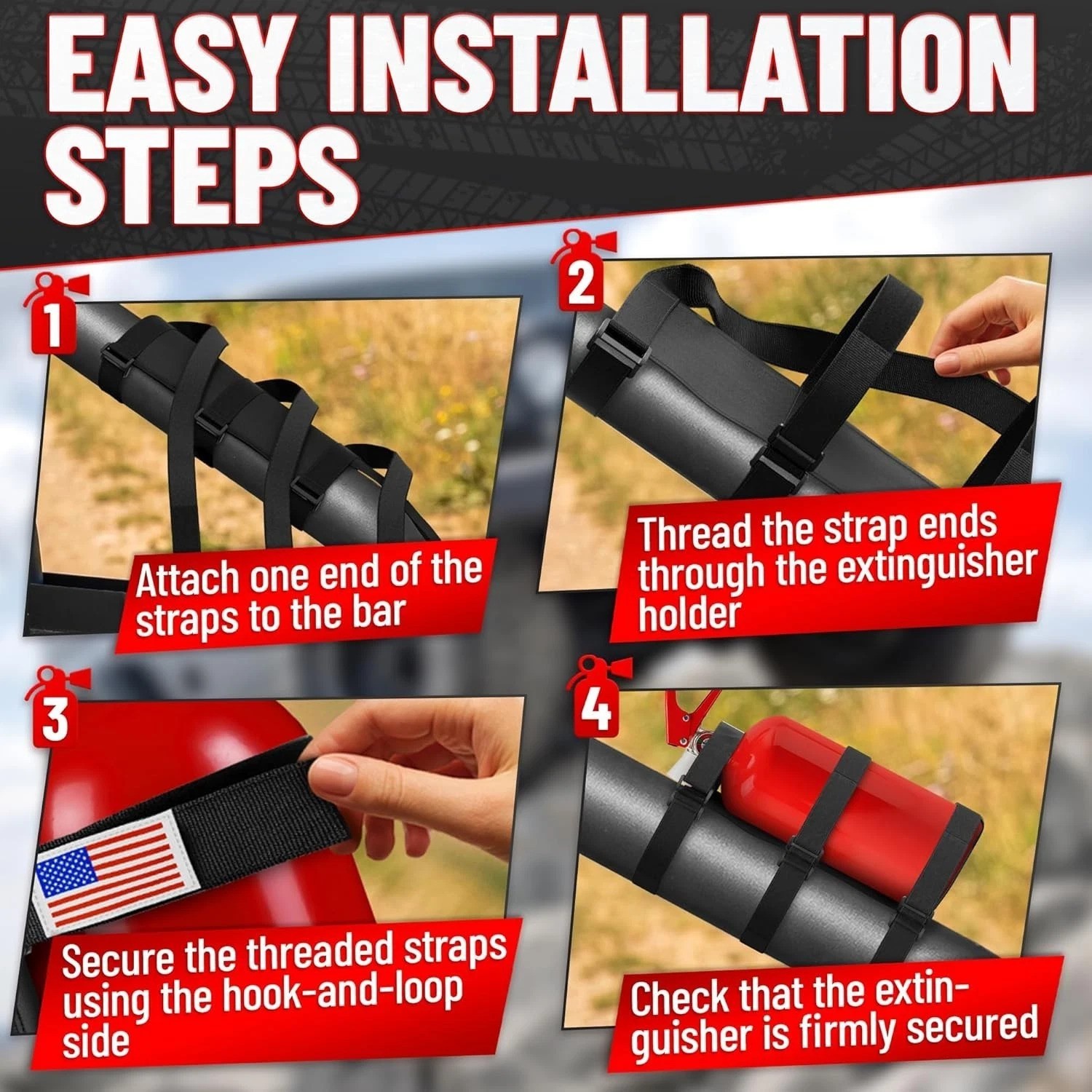 Patriotic Fire Extinguisher Mount with Quick Release for UTV & Off-Road Use