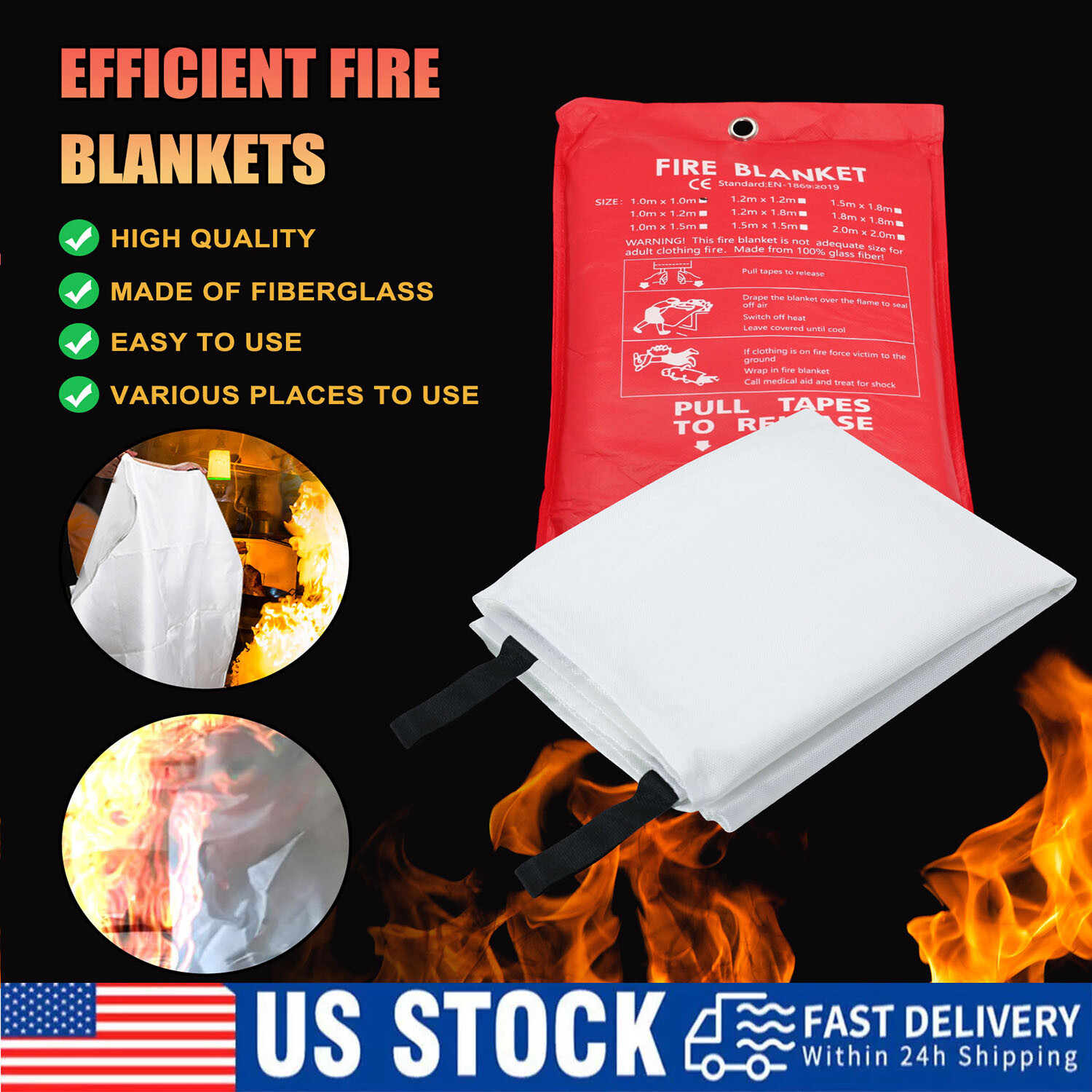 4 PACK FIRE BLANKET Fiberglass Hero Emergency Home Retardant Prepared 39”x39”
