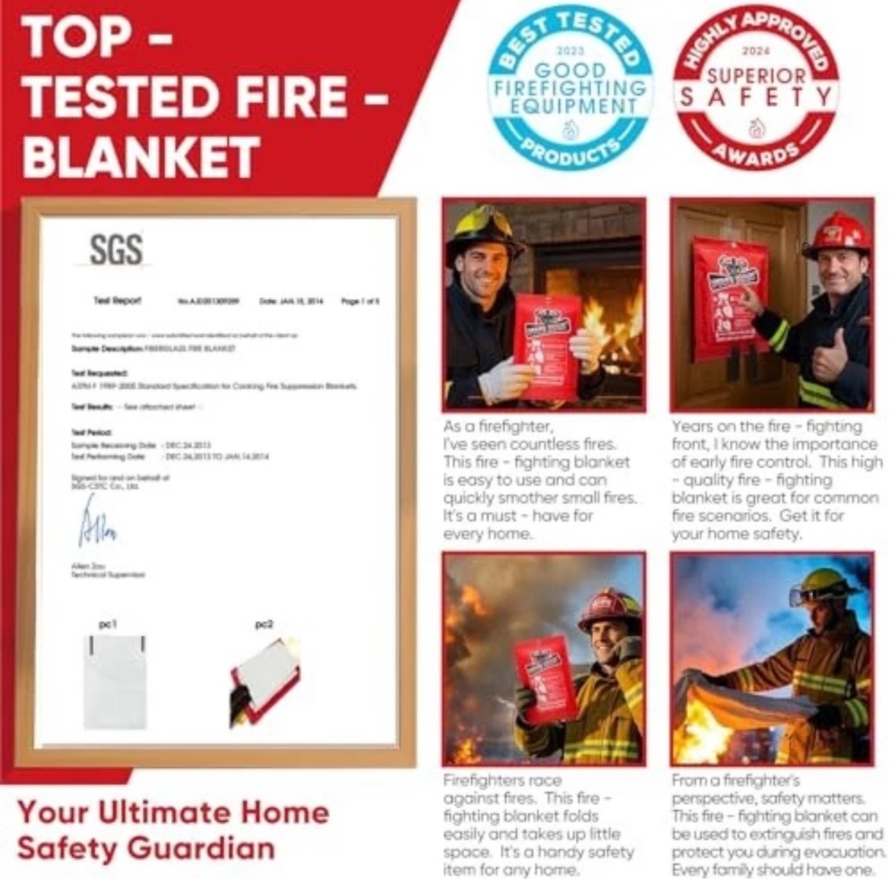 Emergency Fire Blanket for Home Kitchen -40″x40″- Flame Fiberglass 2-pack Red