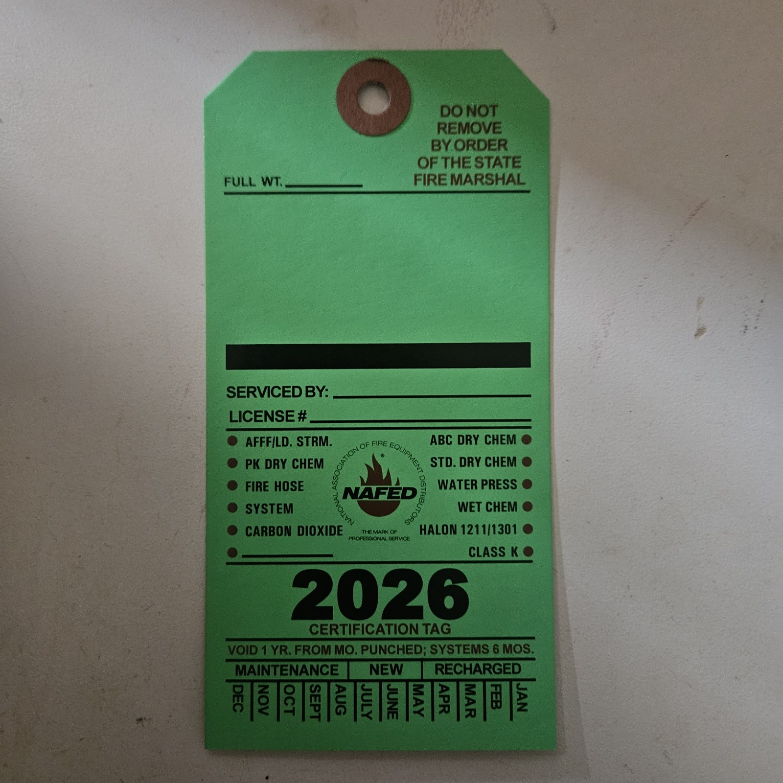 5-2026 Green FIRE INSPECTION Double Sided Tags 5 1/4″ X 2 ½”