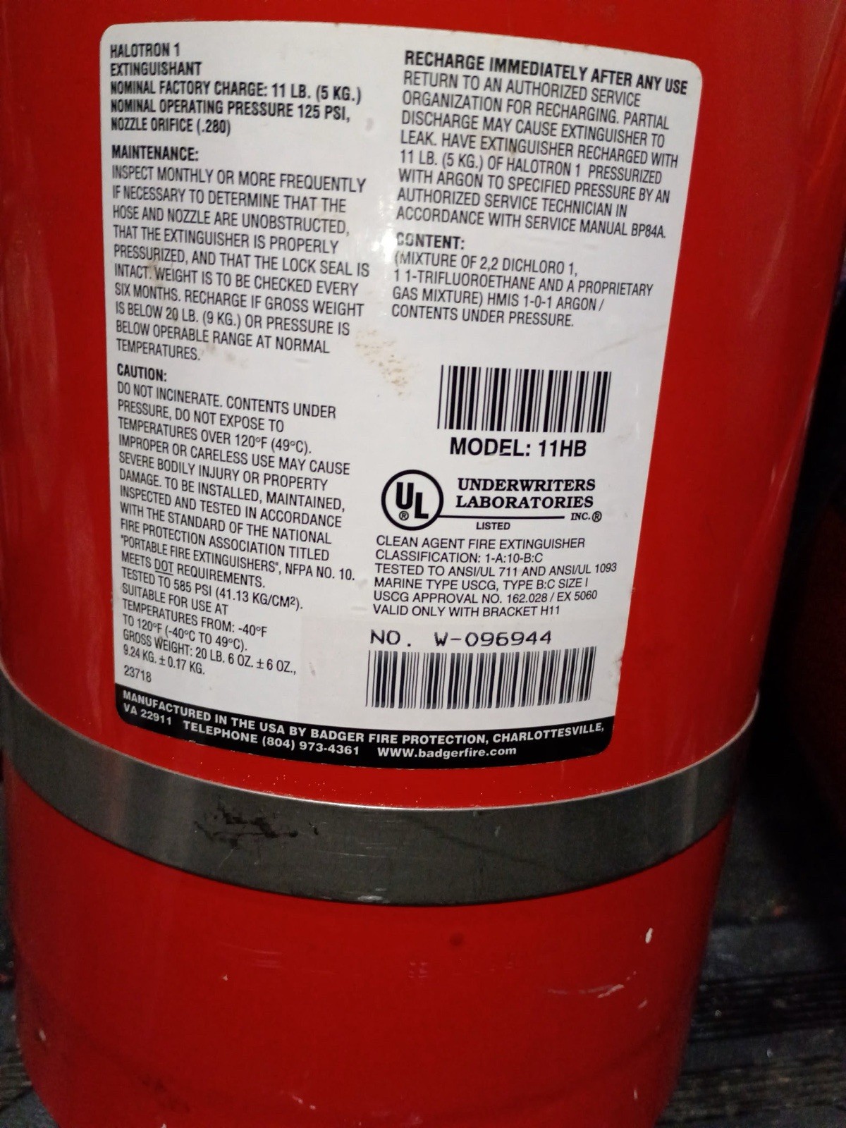 Badger Halotron I Fire Extinguisher 11 lbs Model 11 SA | Clean Agent |