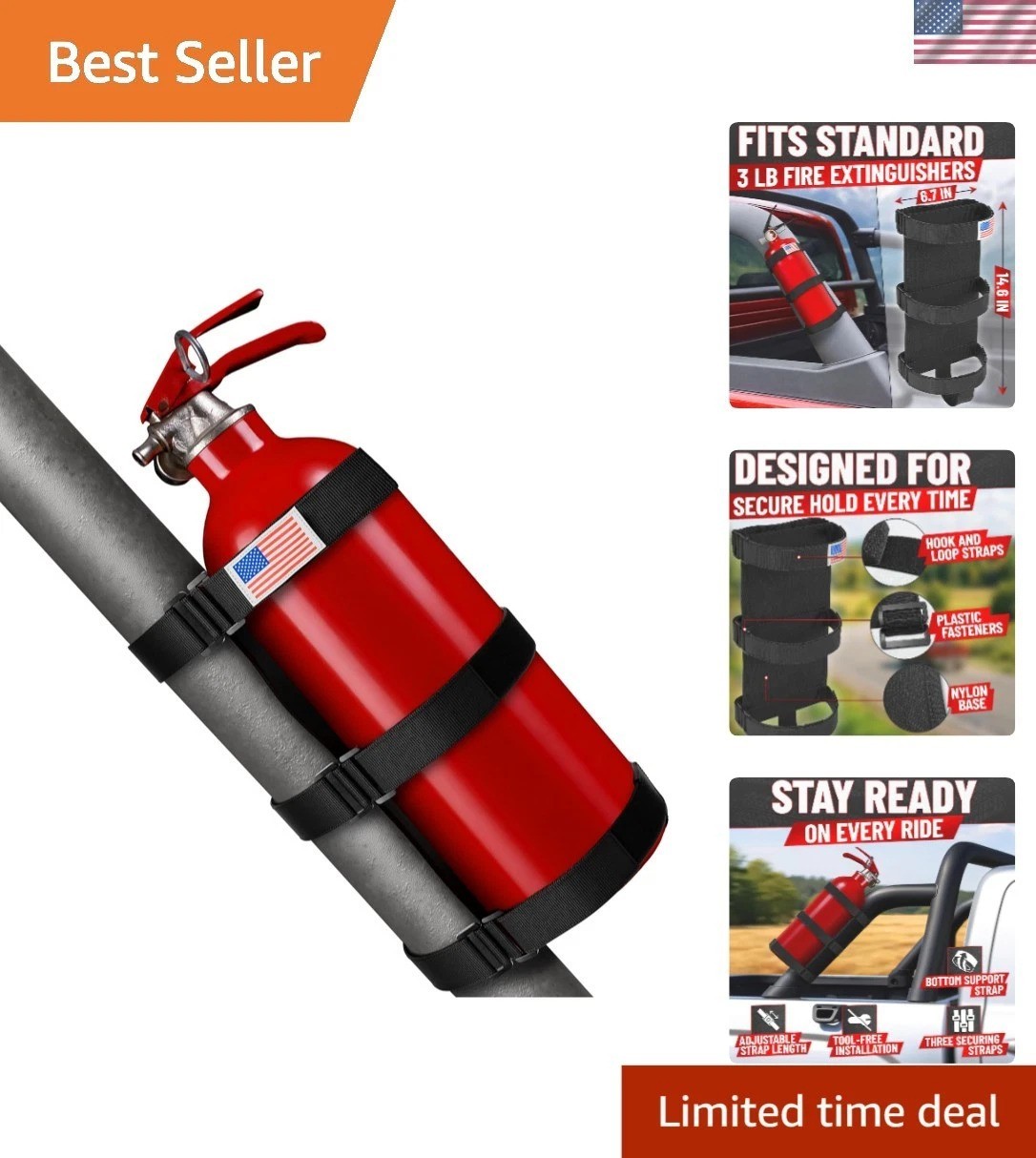 Patriotic Fire Extinguisher Mount with Quick Release for UTV & Off-Road Use