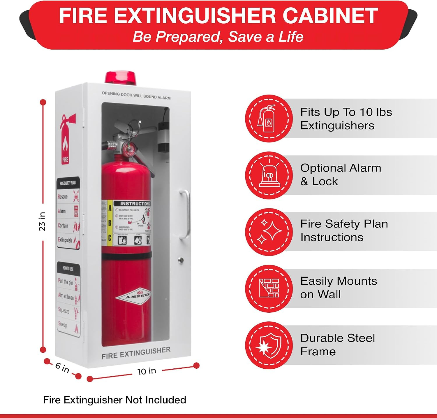 10 Lb Fire Extinguisher Cabinet with Alarm, Lock, & Breakable Acrylic Window | W