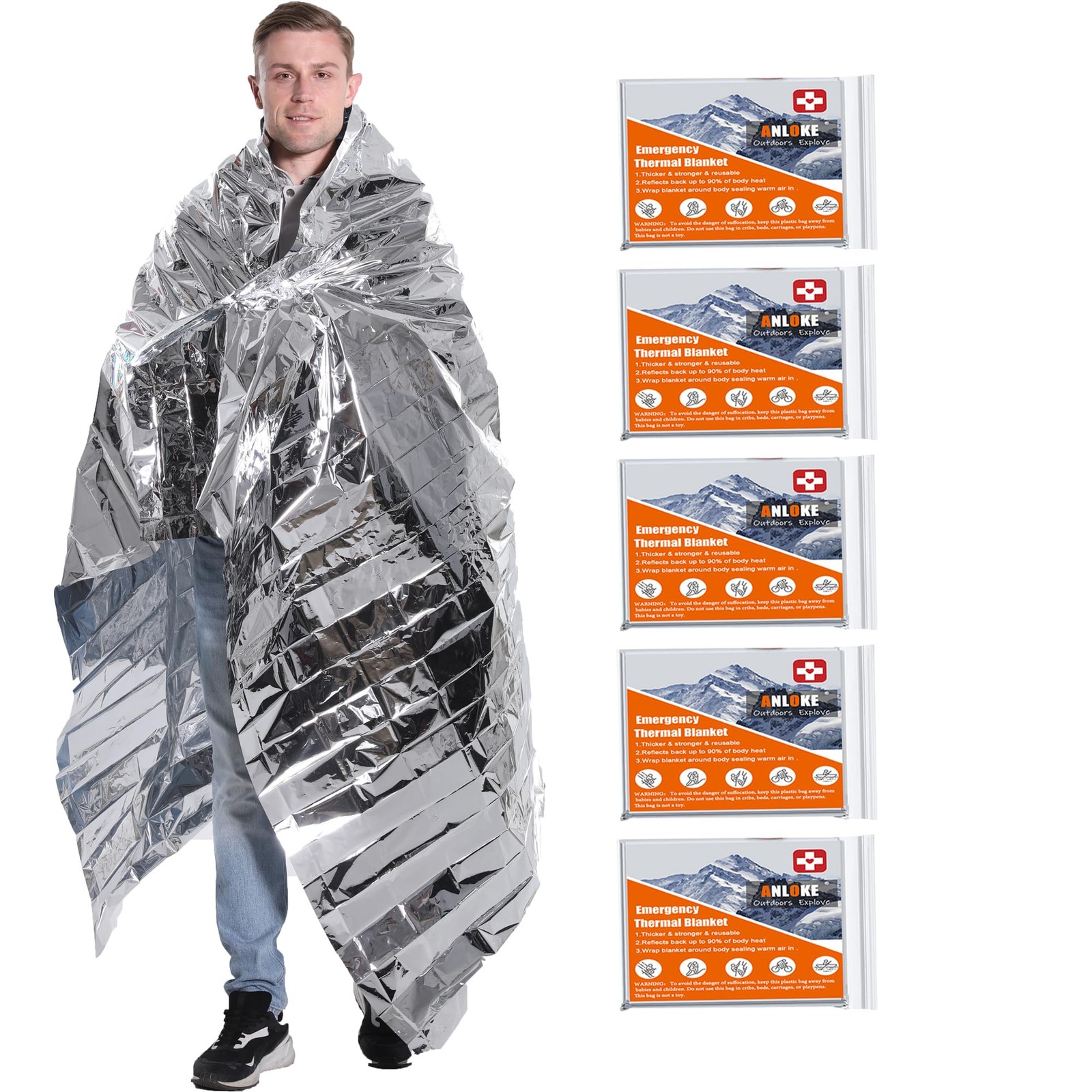 Emergency Blankets Mylar Thermal Blanket-(5 Pack) of Gigantic Space Blanket 8…